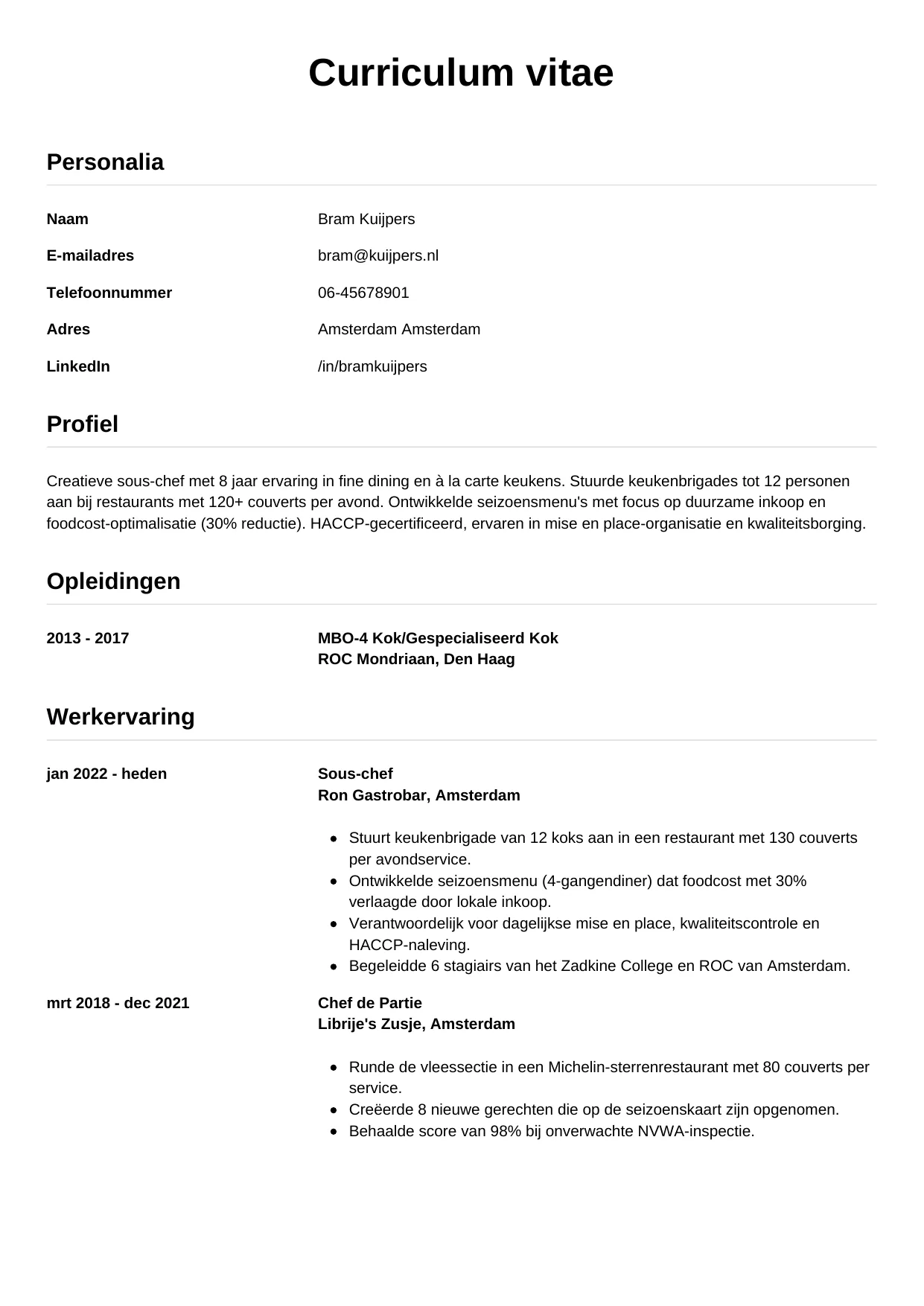 CV Simpel voor sous-chef