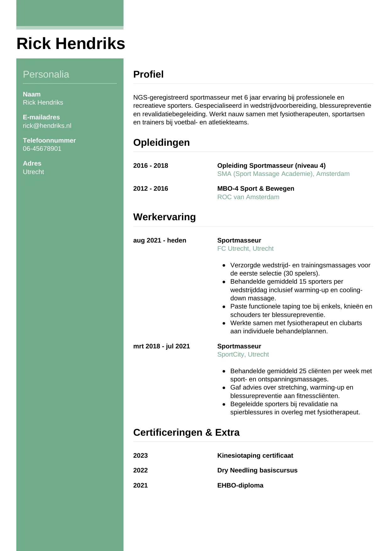 Voorbeeld CV voor sportmasseur in template Casual. CV Casual voor sportmasseur