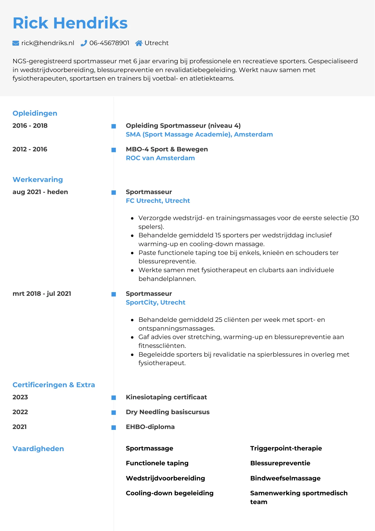 Voorbeeld CV voor sportmasseur in template Chrono. CV Chrono voor sportmasseur