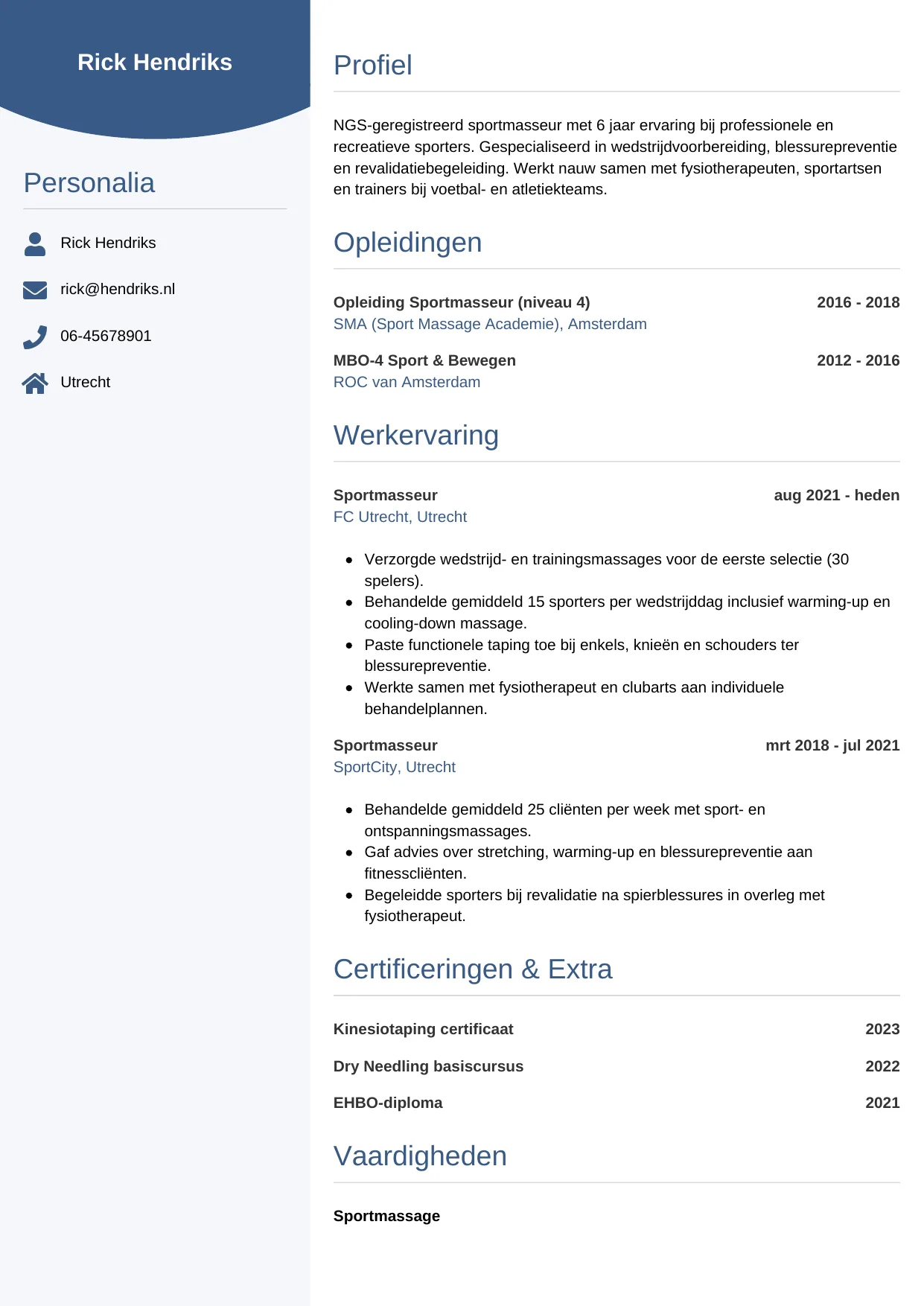 Voorbeeld CV voor sportmasseur in template Circulair. CV Circulair voor sportmasseur