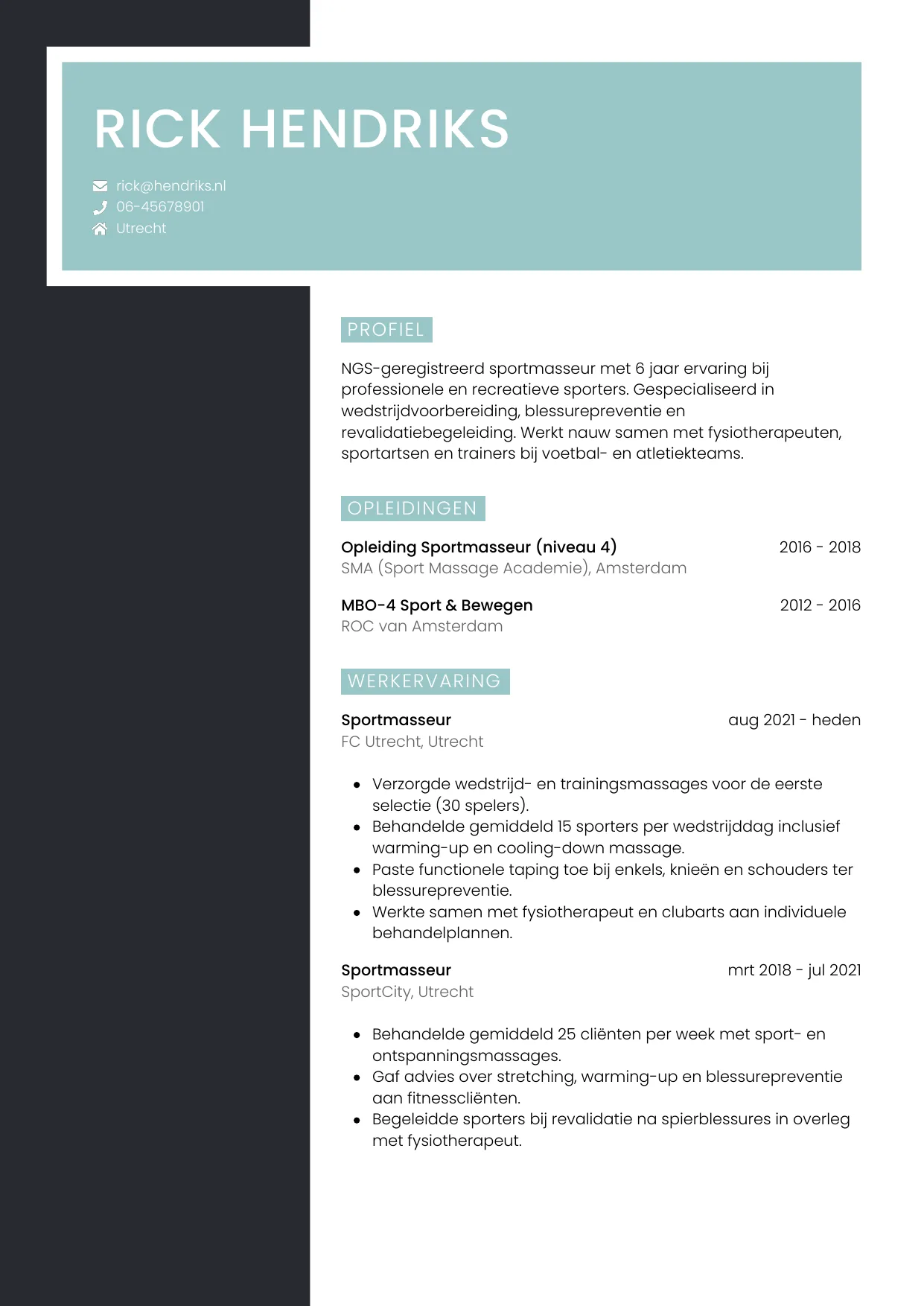 Voorbeeld CV voor sportmasseur in template Elegant. CV Elegant voor sportmasseur