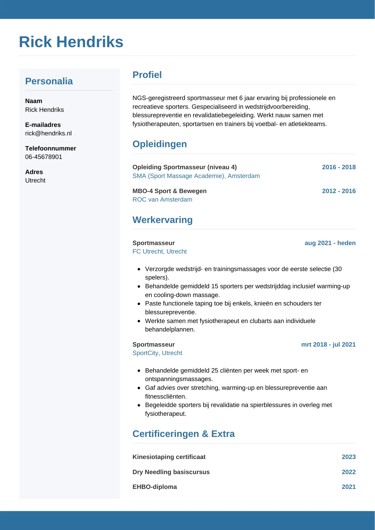 Voorbeeld CV voor sportmasseur in template Horizontaal. CV Horizontaal voor sportmasseur