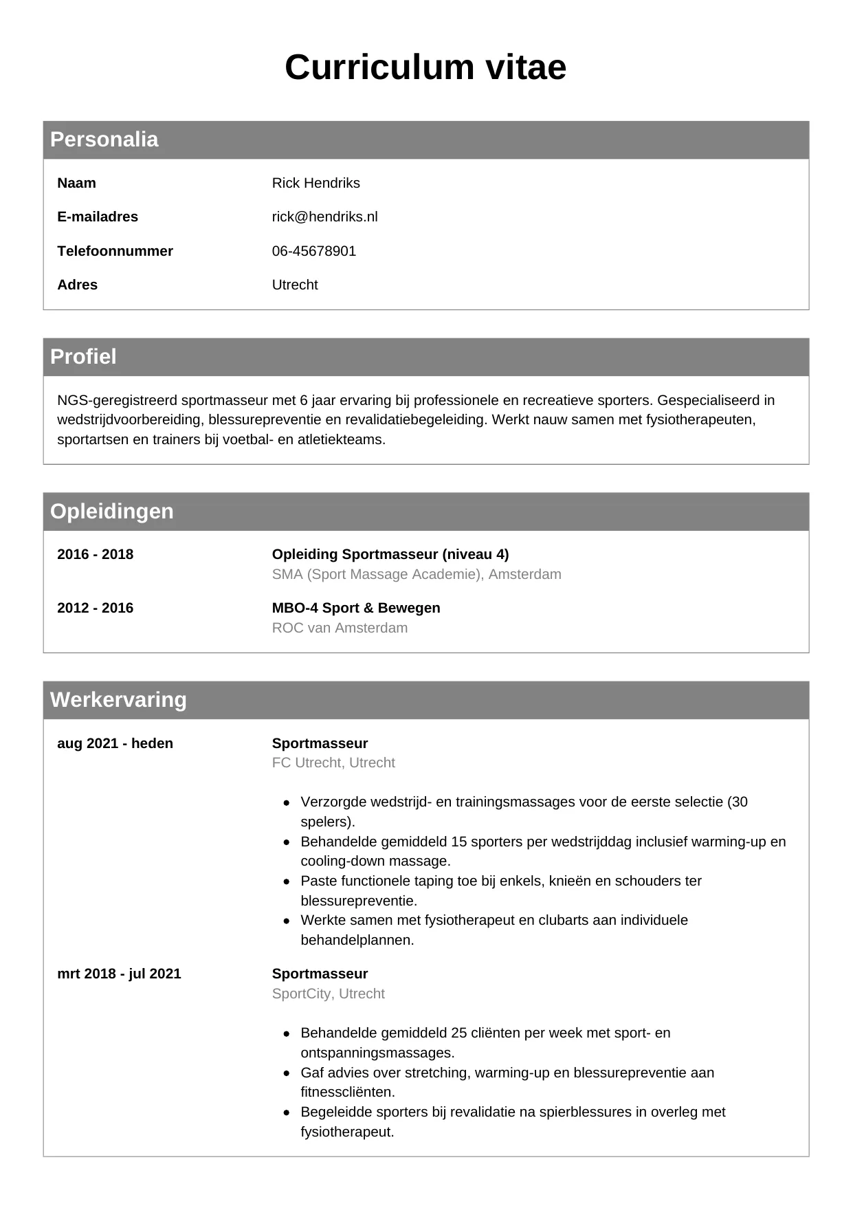 Voorbeeld CV voor sportmasseur in template Klassiek. CV Klassiek voor sportmasseur