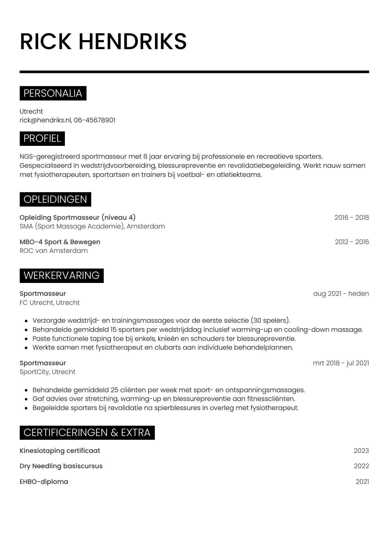 Voorbeeld CV voor sportmasseur in template Metro. CV Metro voor sportmasseur