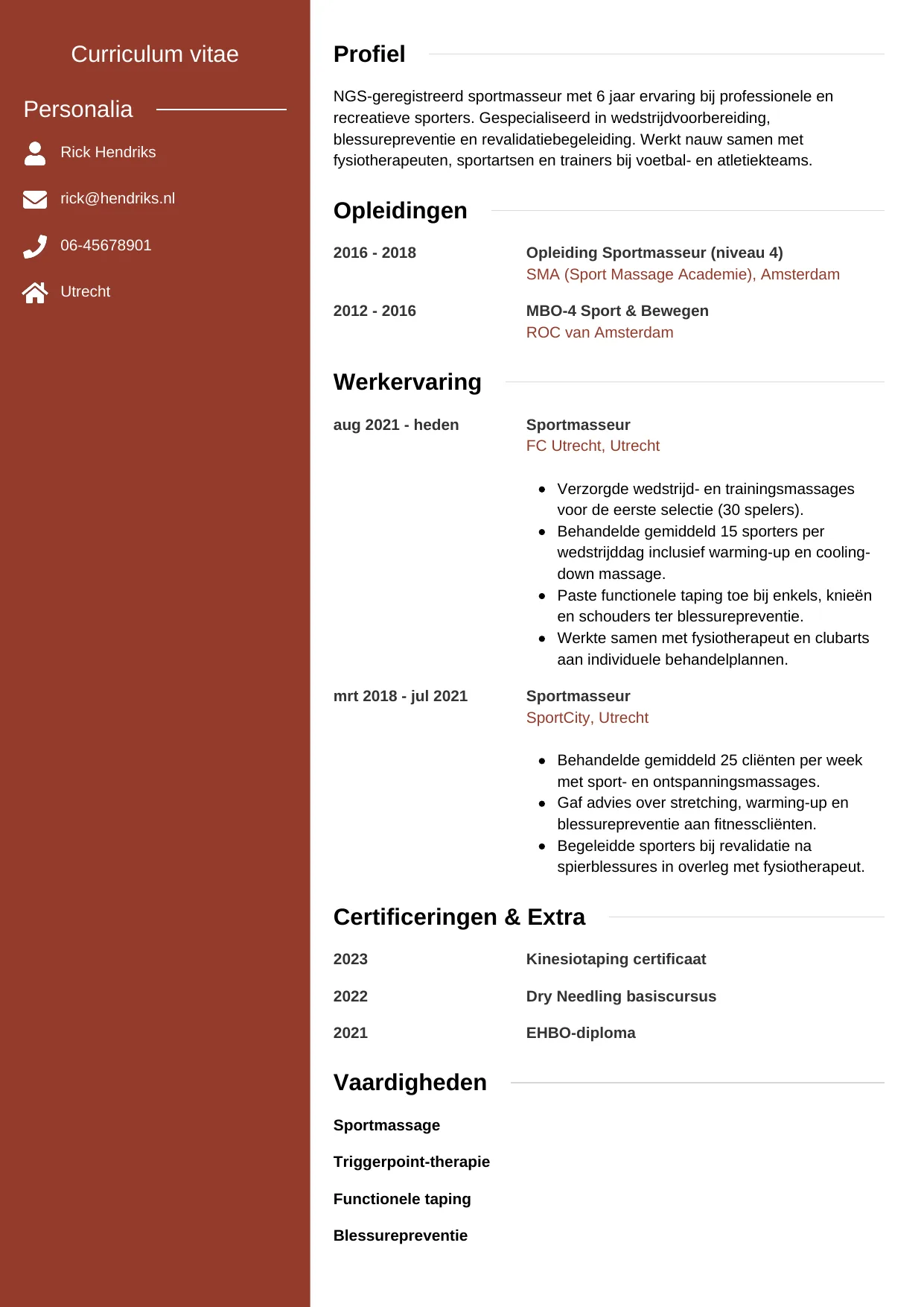 Voorbeeld CV voor sportmasseur in template Modern. CV Modern voor sportmasseur