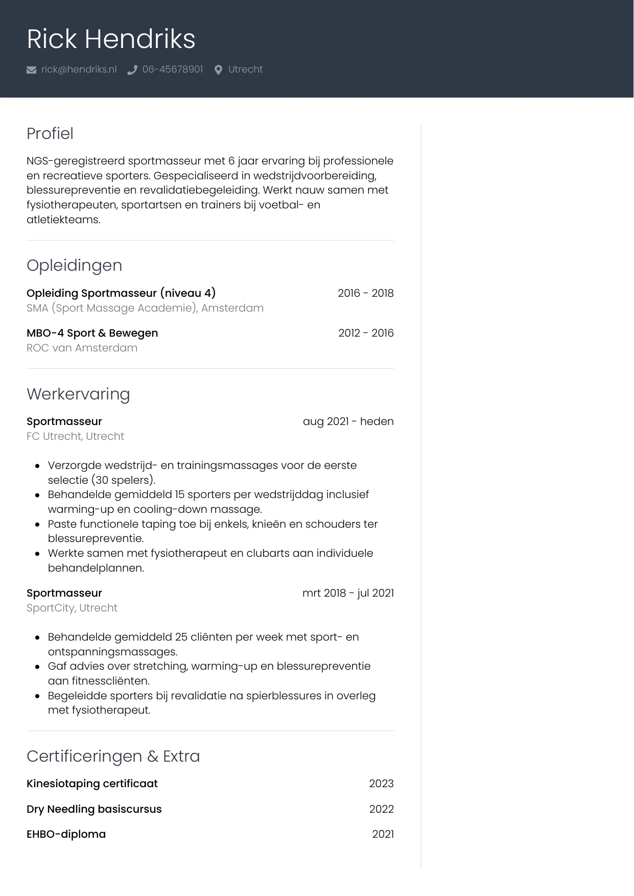Voorbeeld CV voor sportmasseur in template Professioneel. CV Professioneel voor sportmasseur