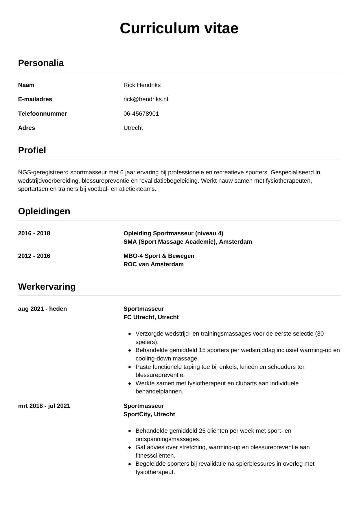 Voorbeeld CV voor sportmasseur in template Simpel. CV Simpel voor sportmasseur