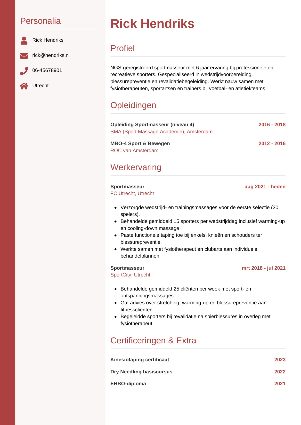 Voorbeeld CV voor sportmasseur in template Verticaal. CV Verticaal voor sportmasseur