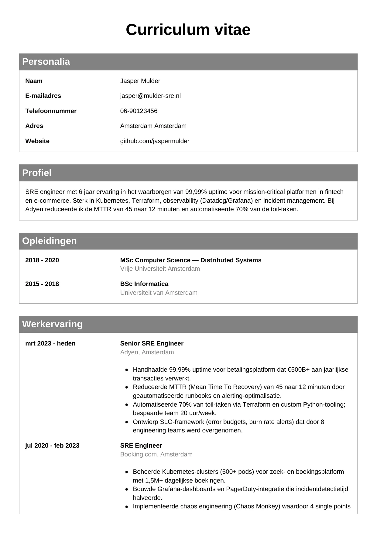 CV Klassiek voor sre engineer