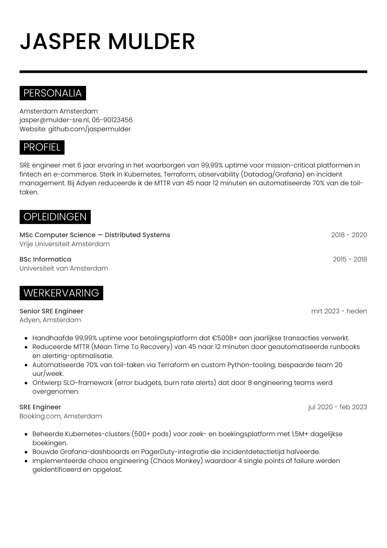 CV Metro voor sre engineer