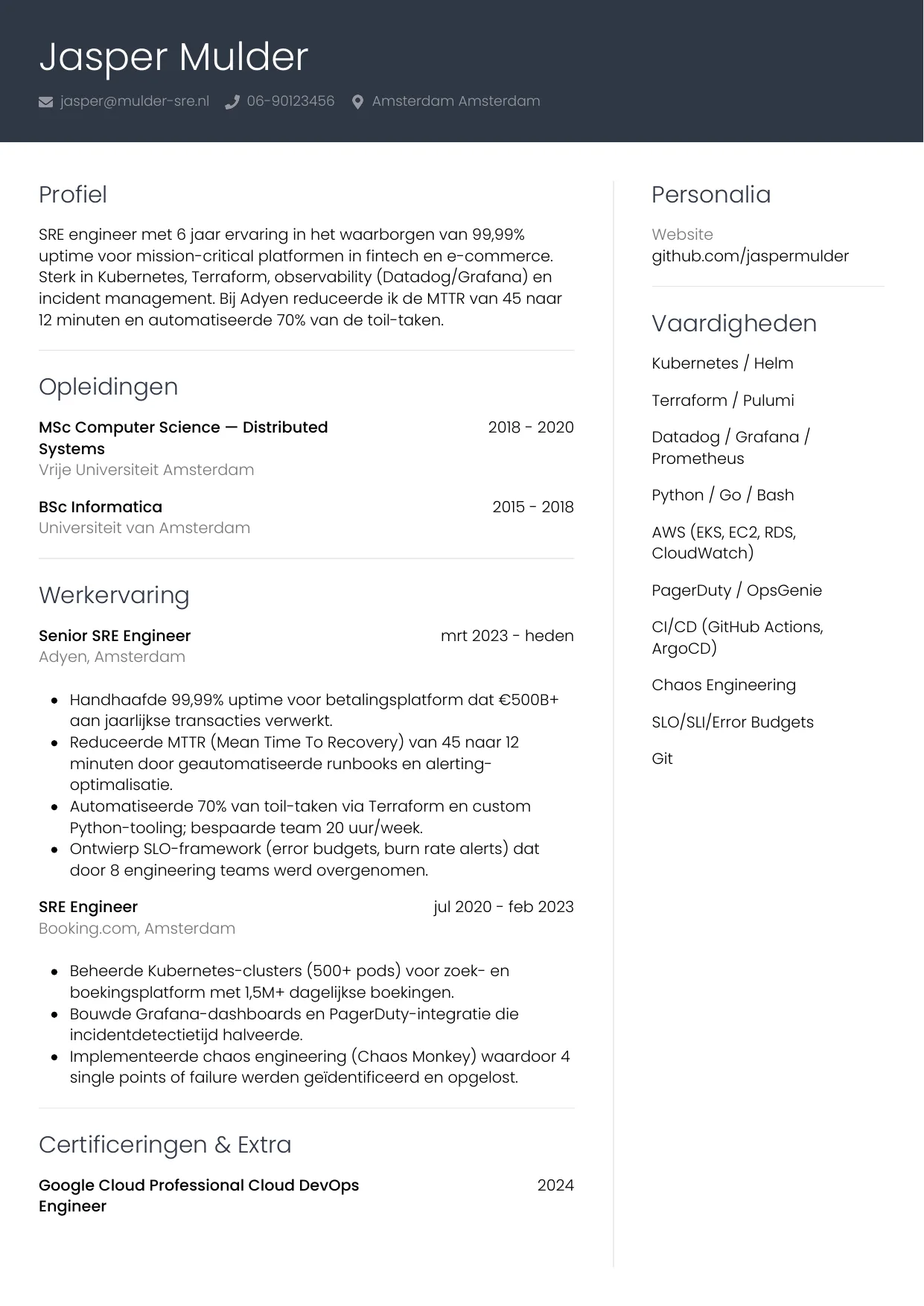 CV Professioneel voor sre engineer