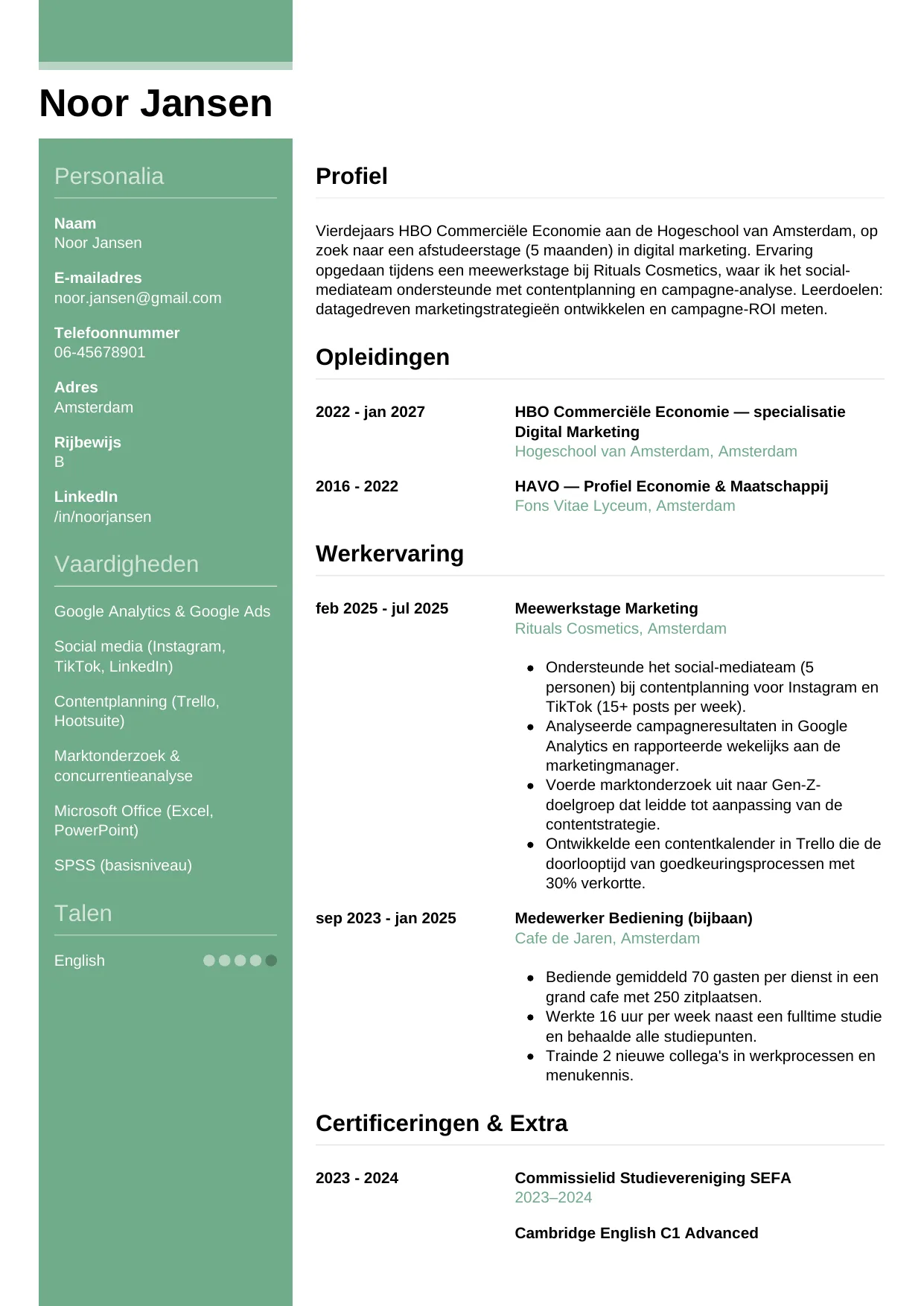 Voorbeeld CV voor stagiair in template Casual. CV Casual voor stagiair