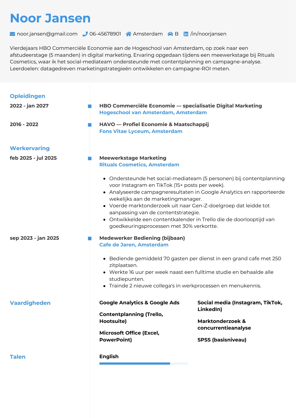 Voorbeeld CV voor stagiair in template Chrono. CV Chrono voor stagiair