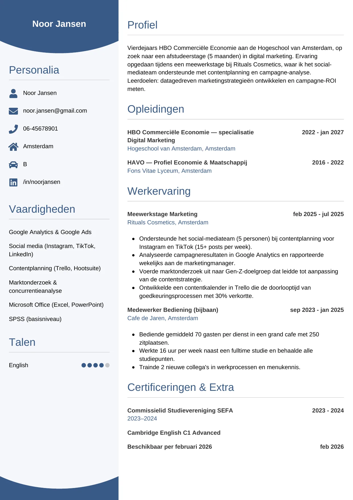 Voorbeeld CV voor stagiair in template Circulair. CV Circulair voor stagiair