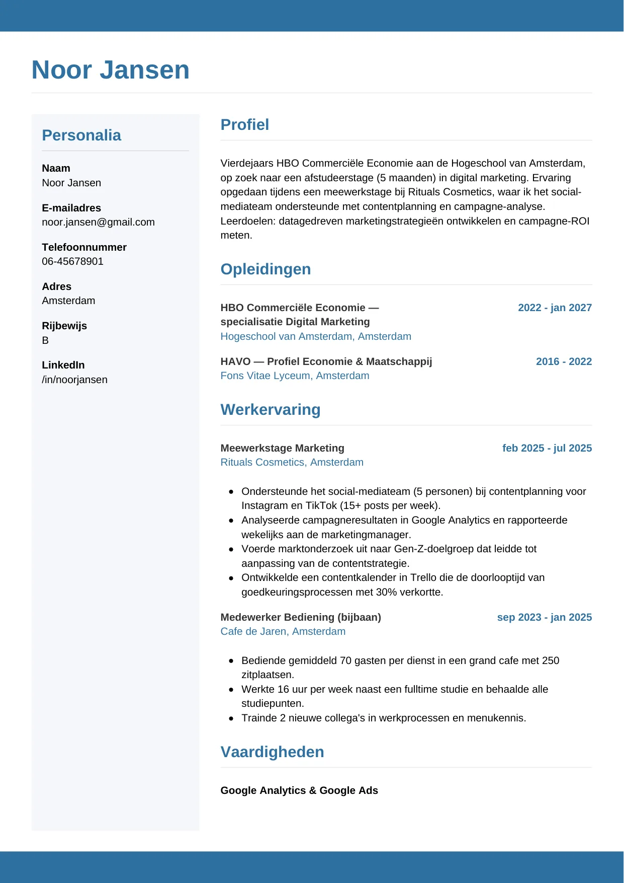 Voorbeeld CV voor stagiair in template Horizontaal. CV Horizontaal voor stagiair