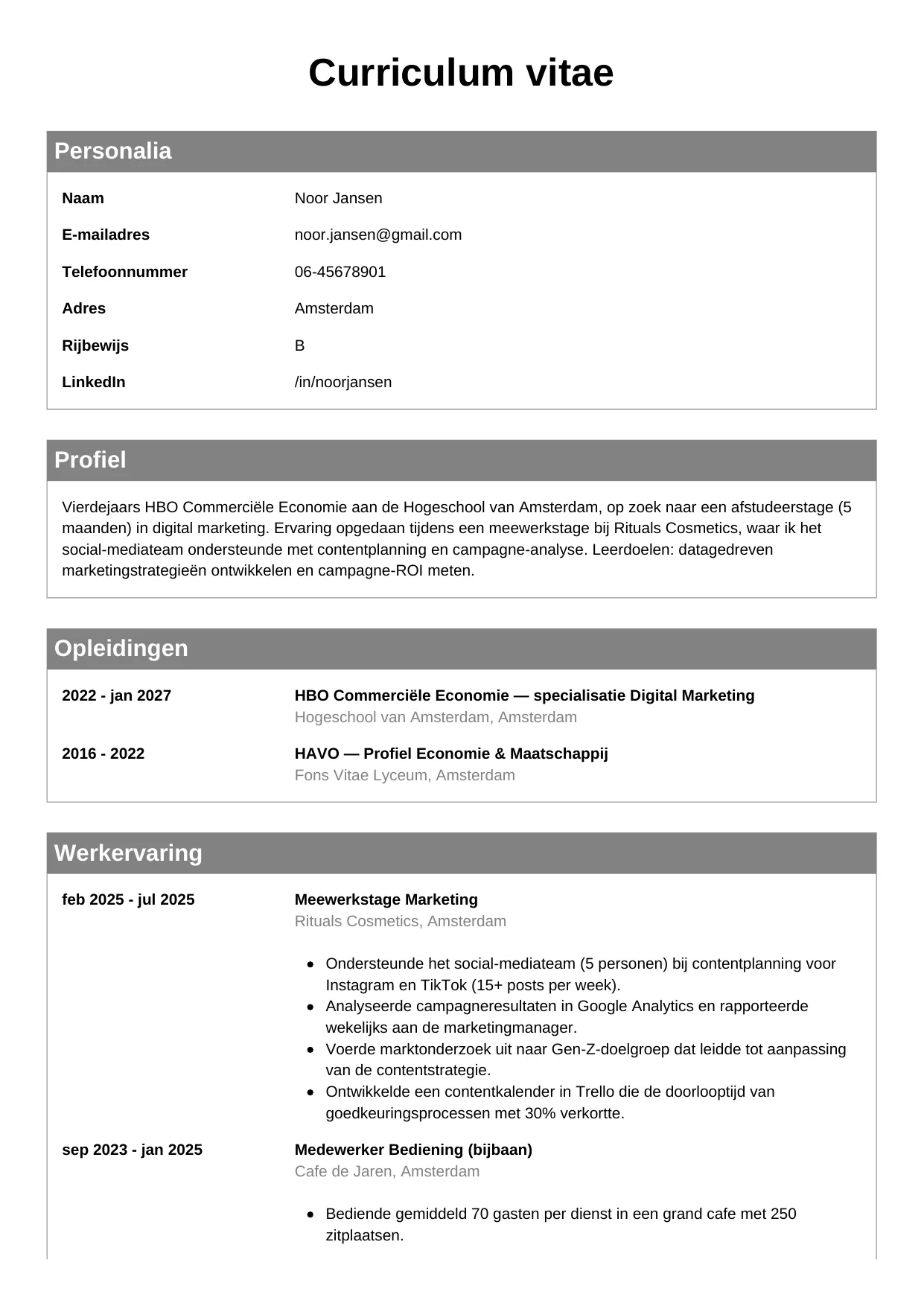 Voorbeeld CV voor stagiair in template Klassiek. CV Klassiek voor stagiair