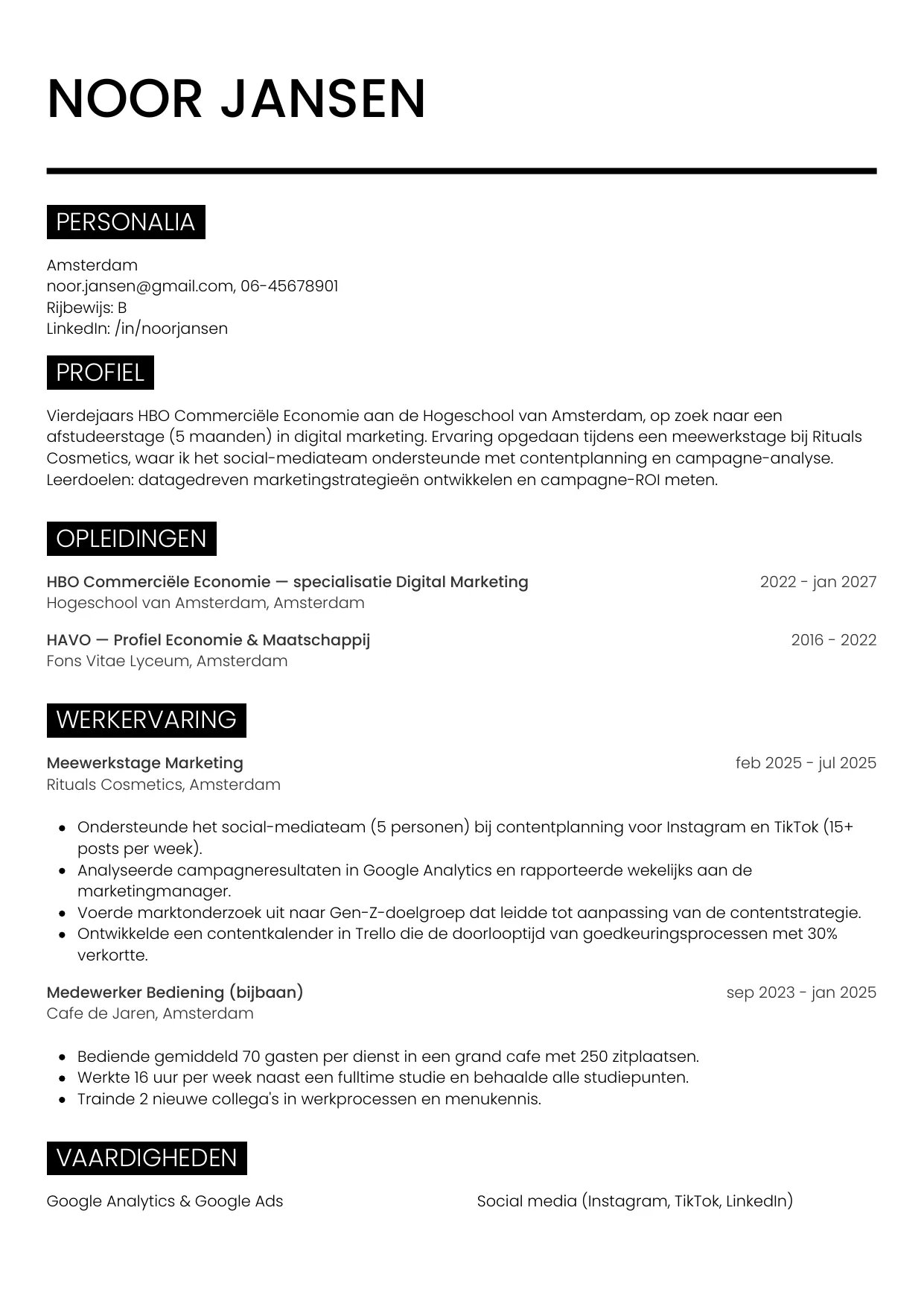 Voorbeeld CV voor stagiair in template Metro. CV Metro voor stagiair