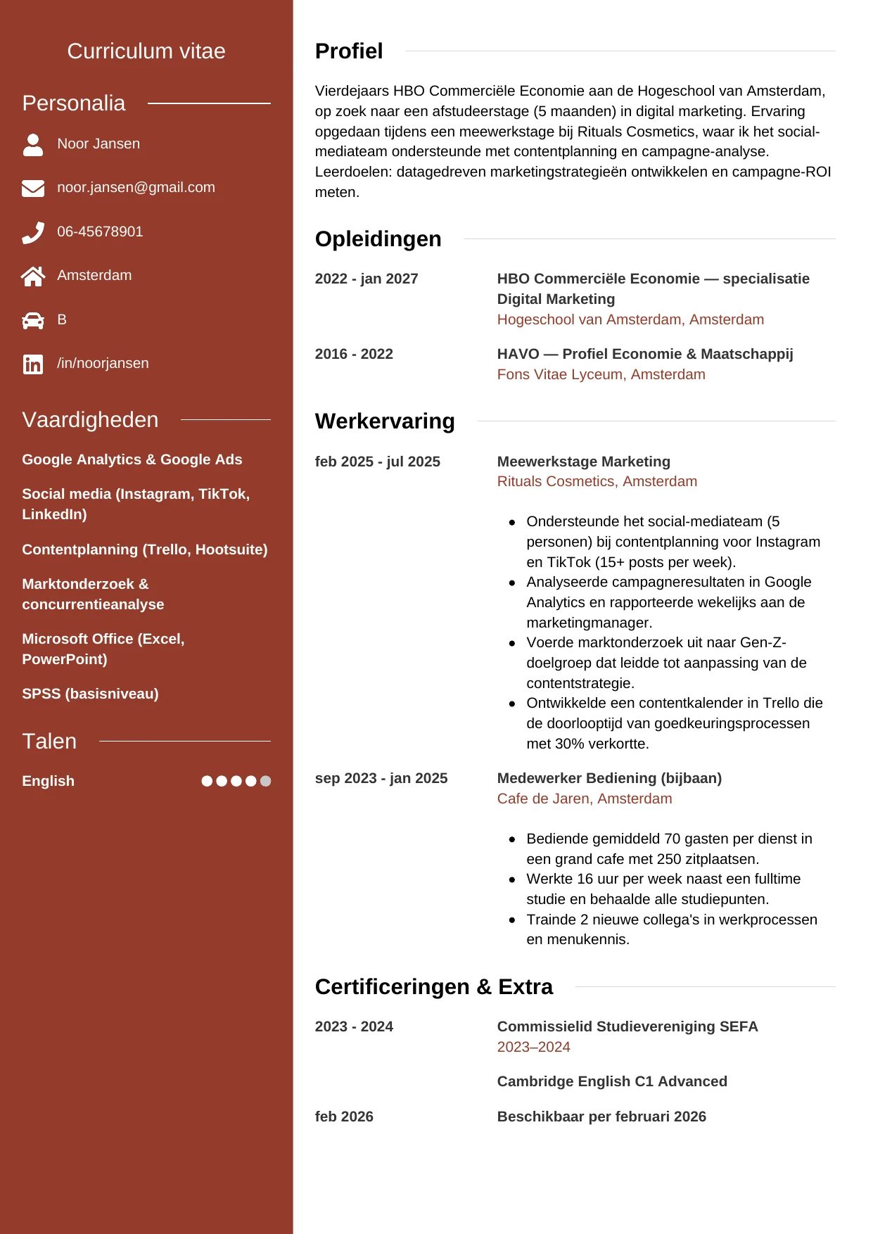 Voorbeeld CV voor stagiair in template Modern. CV Modern voor stagiair