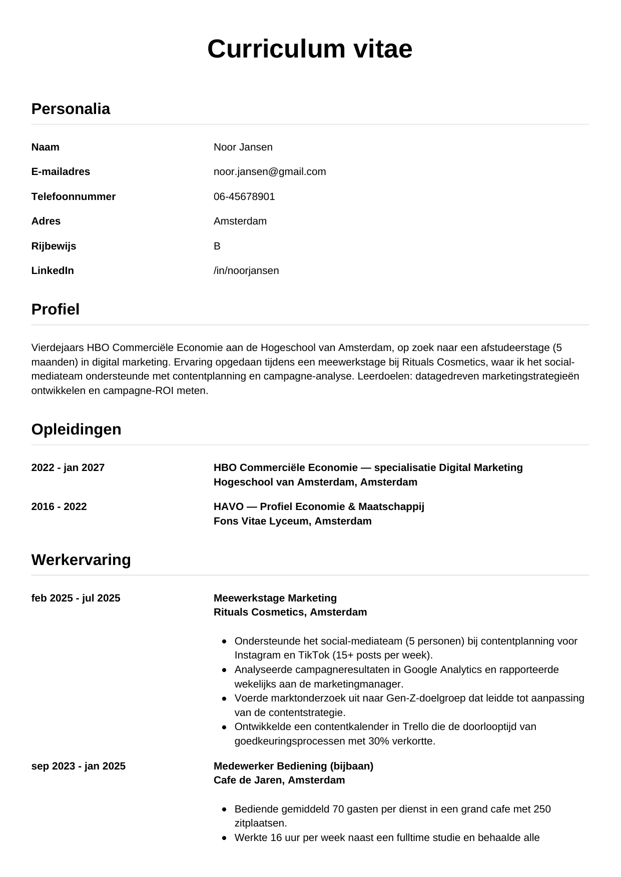 Voorbeeld CV voor stagiair in template Simpel. CV Simpel voor stagiair