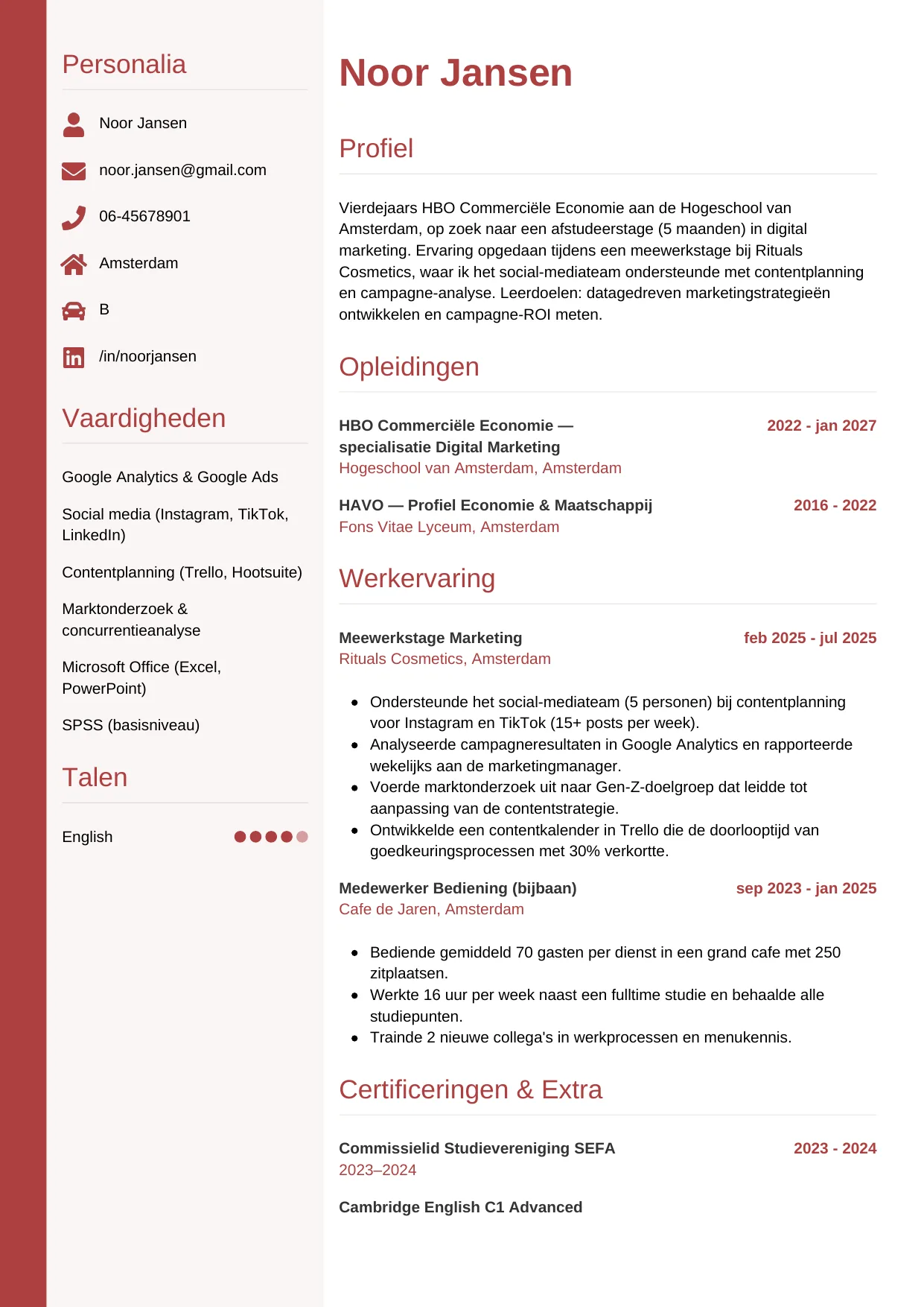 Voorbeeld CV voor stagiair in template Verticaal. CV Verticaal voor stagiair