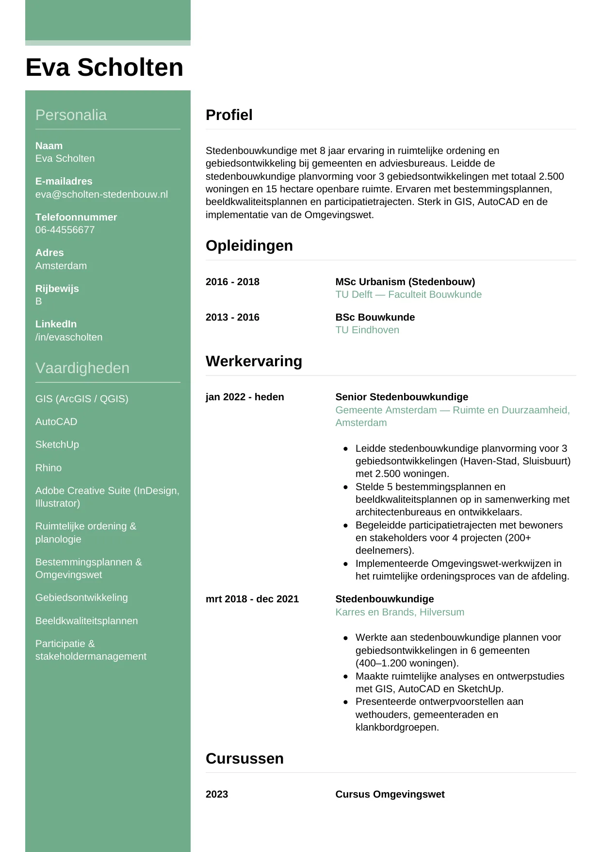Voorbeeld CV voor stedenbouwkundige in template Casual. CV Casual voor stedenbouwkundige
