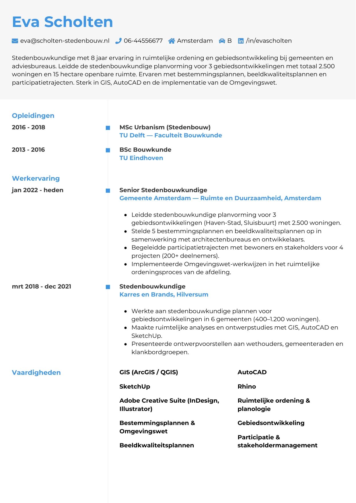 Voorbeeld CV voor stedenbouwkundige in template Chrono. CV Chrono voor stedenbouwkundige