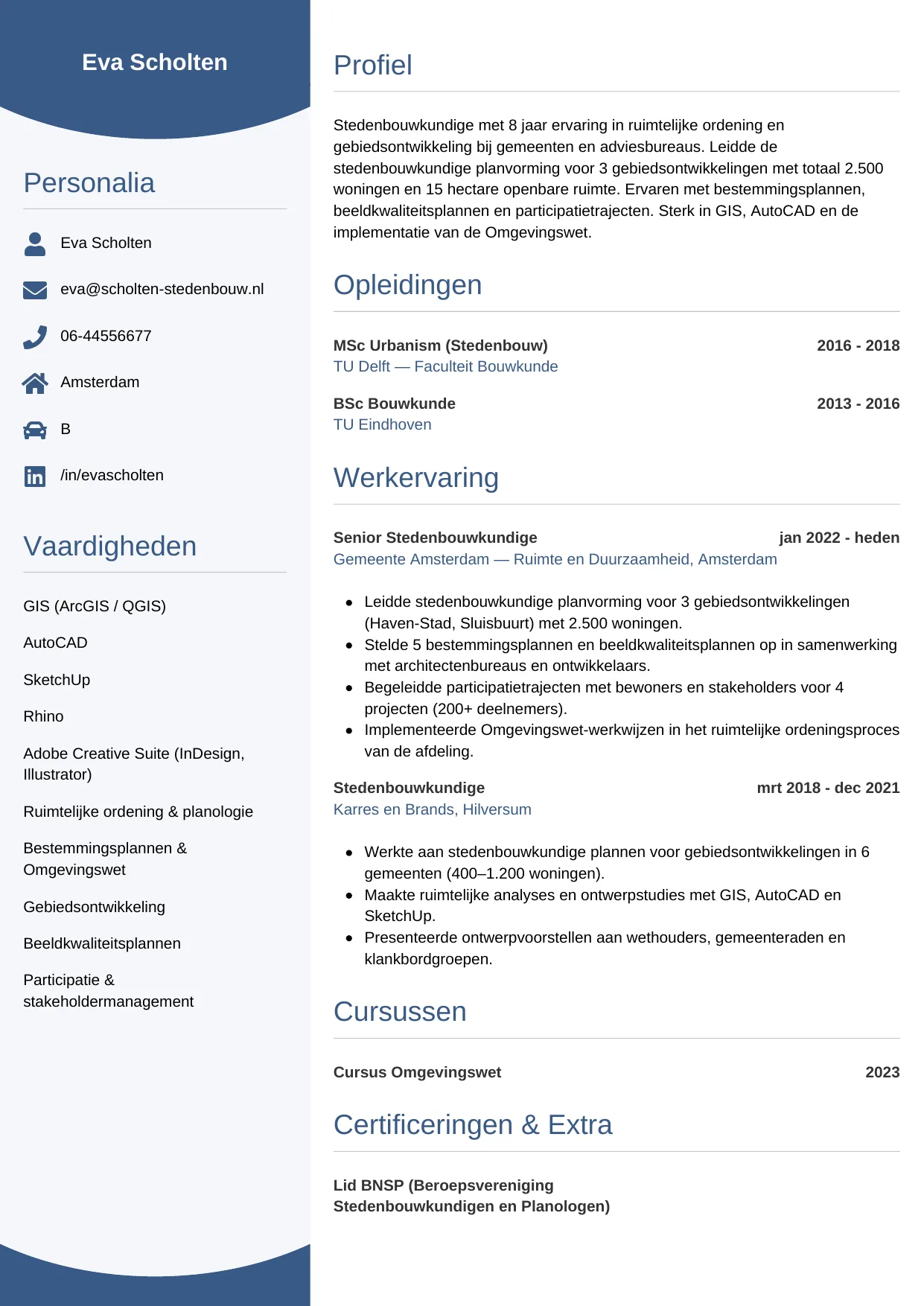 Voorbeeld CV voor stedenbouwkundige in template Circulair. CV Circulair voor stedenbouwkundige