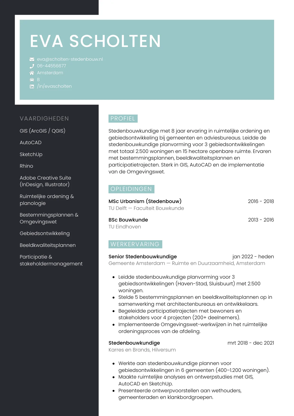 Voorbeeld CV voor stedenbouwkundige in template Elegant. CV Elegant voor stedenbouwkundige