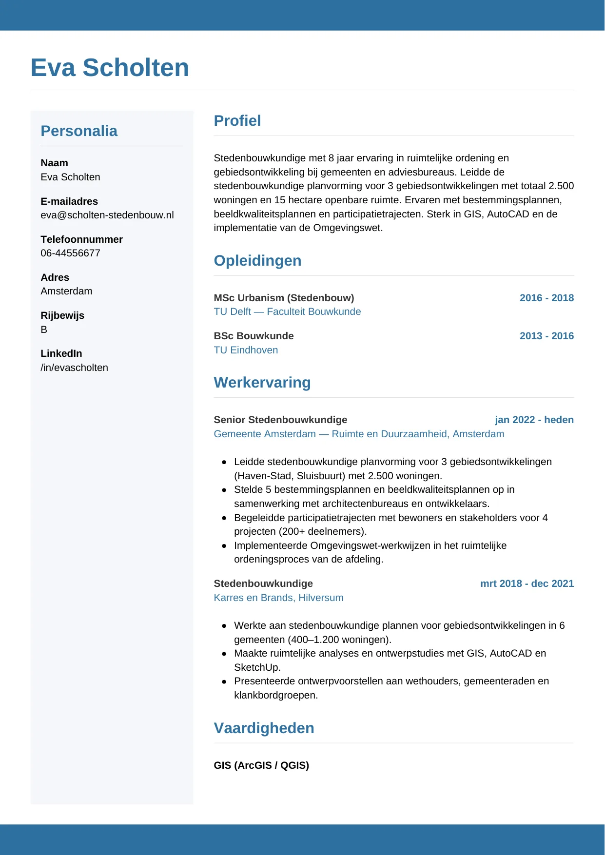 Voorbeeld CV voor stedenbouwkundige in template Horizontaal. CV Horizontaal voor stedenbouwkundige