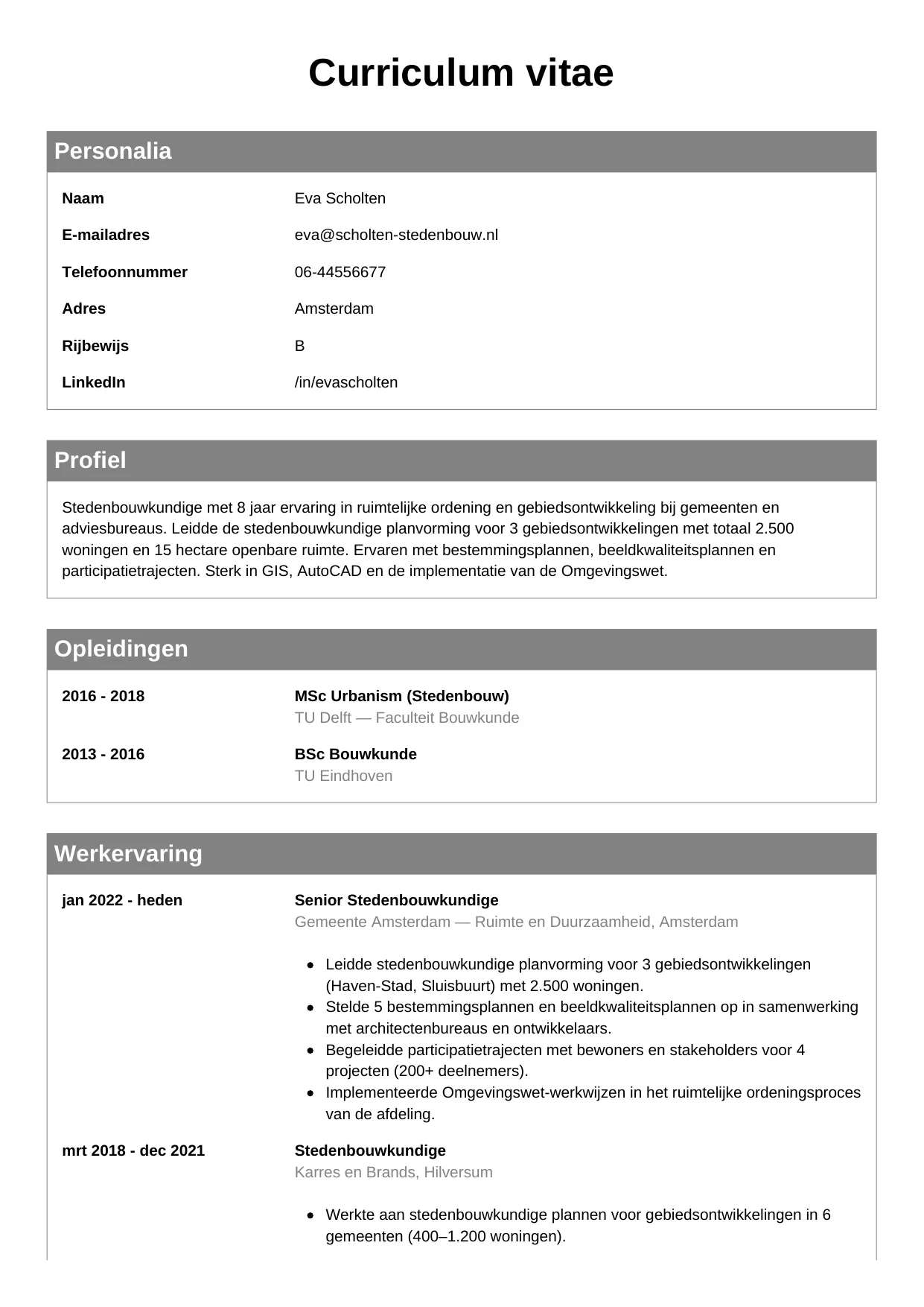 Voorbeeld CV voor stedenbouwkundige in template Klassiek. CV Klassiek voor stedenbouwkundige