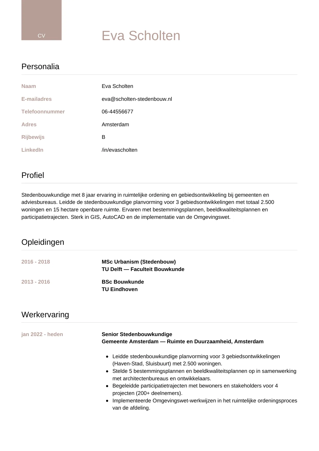 Voorbeeld CV voor stedenbouwkundige in template Luxe. CV Luxe voor stedenbouwkundige