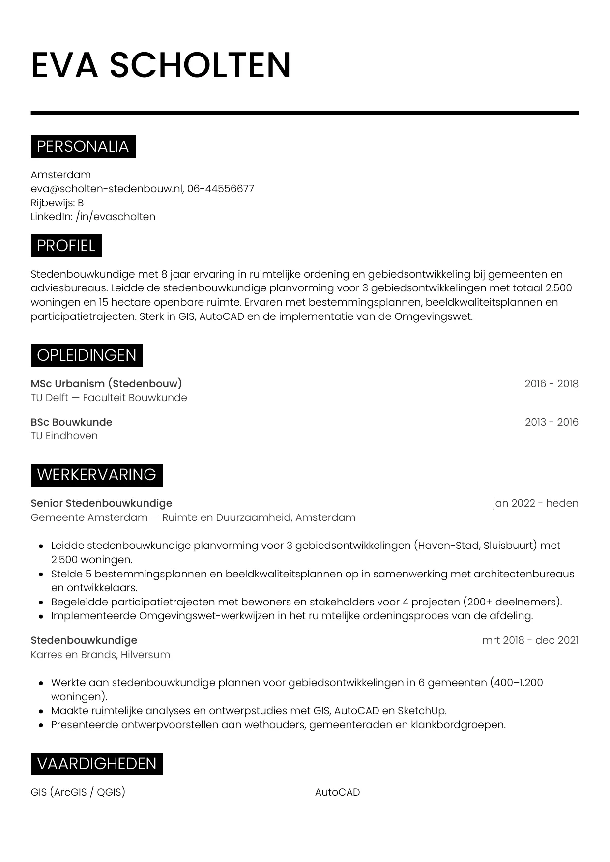 Voorbeeld CV voor stedenbouwkundige in template Metro. CV Metro voor stedenbouwkundige