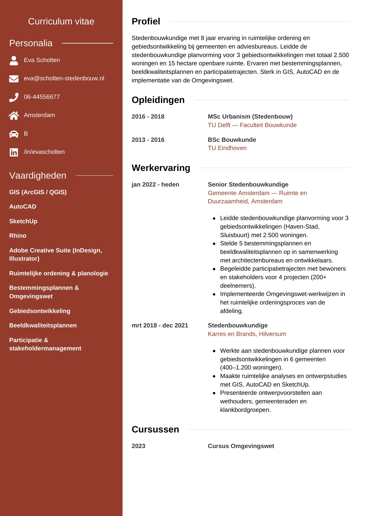 Voorbeeld CV voor stedenbouwkundige in template Modern. CV Modern voor stedenbouwkundige