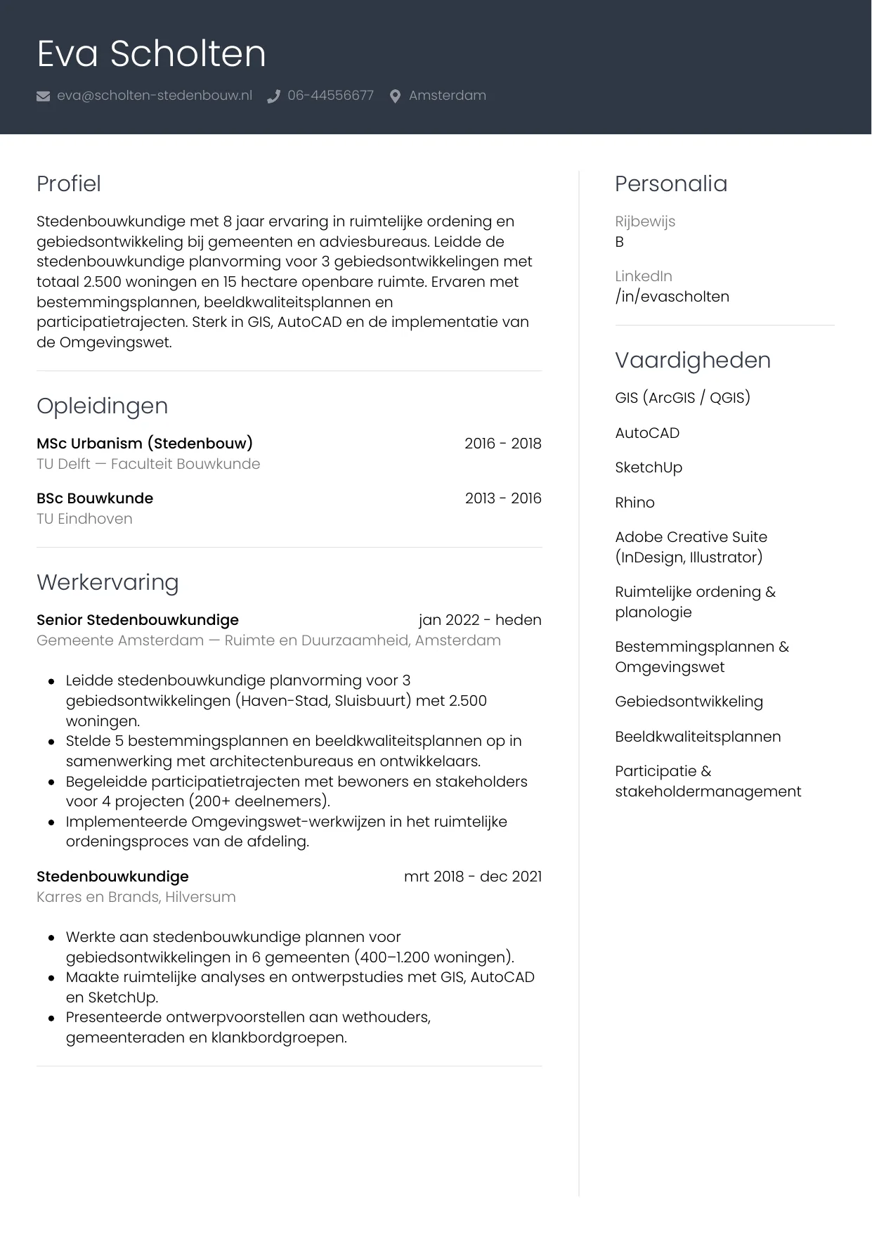 Voorbeeld CV voor stedenbouwkundige in template Professioneel. CV Professioneel voor stedenbouwkundige
