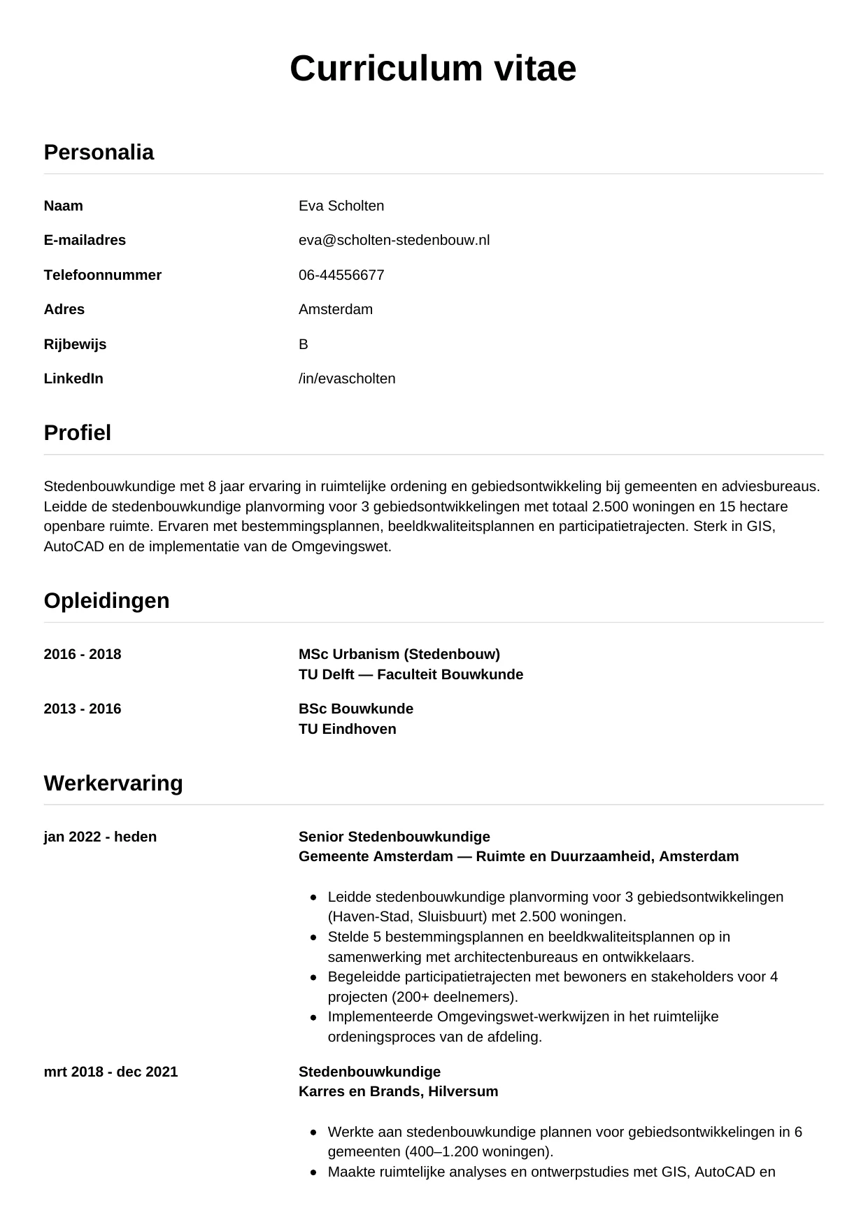 Voorbeeld CV voor stedenbouwkundige in template Simpel. CV Simpel voor stedenbouwkundige