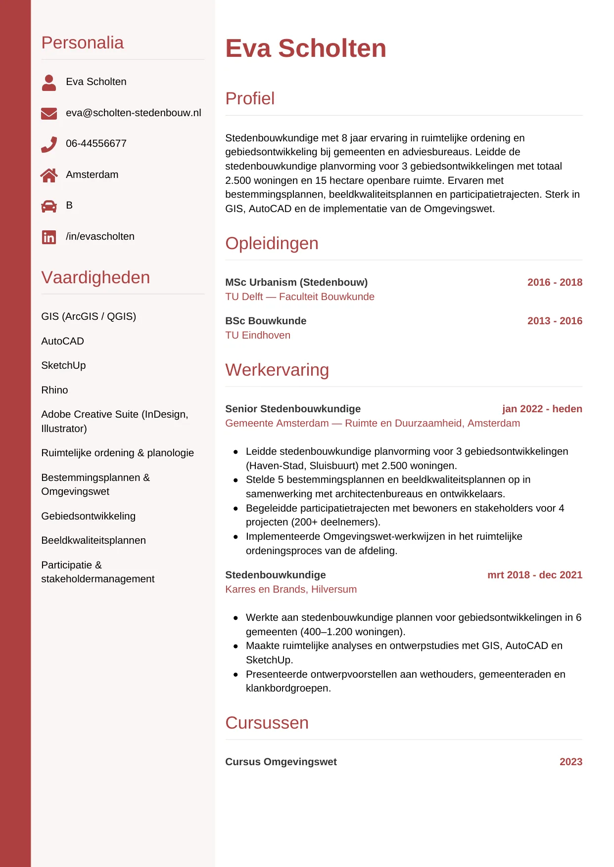 Voorbeeld CV voor stedenbouwkundige in template Verticaal. CV Verticaal voor stedenbouwkundige