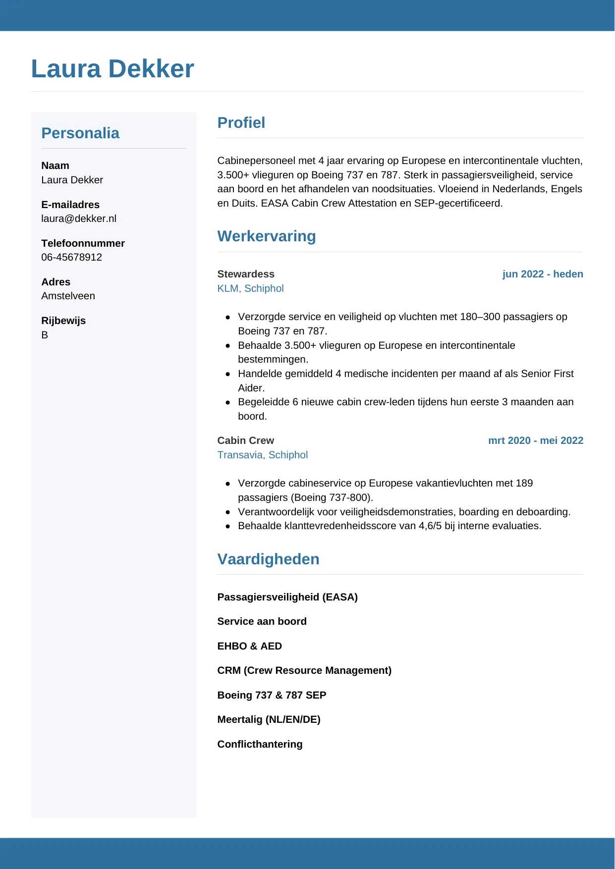 CV Horizontaal voor steward / stewardess