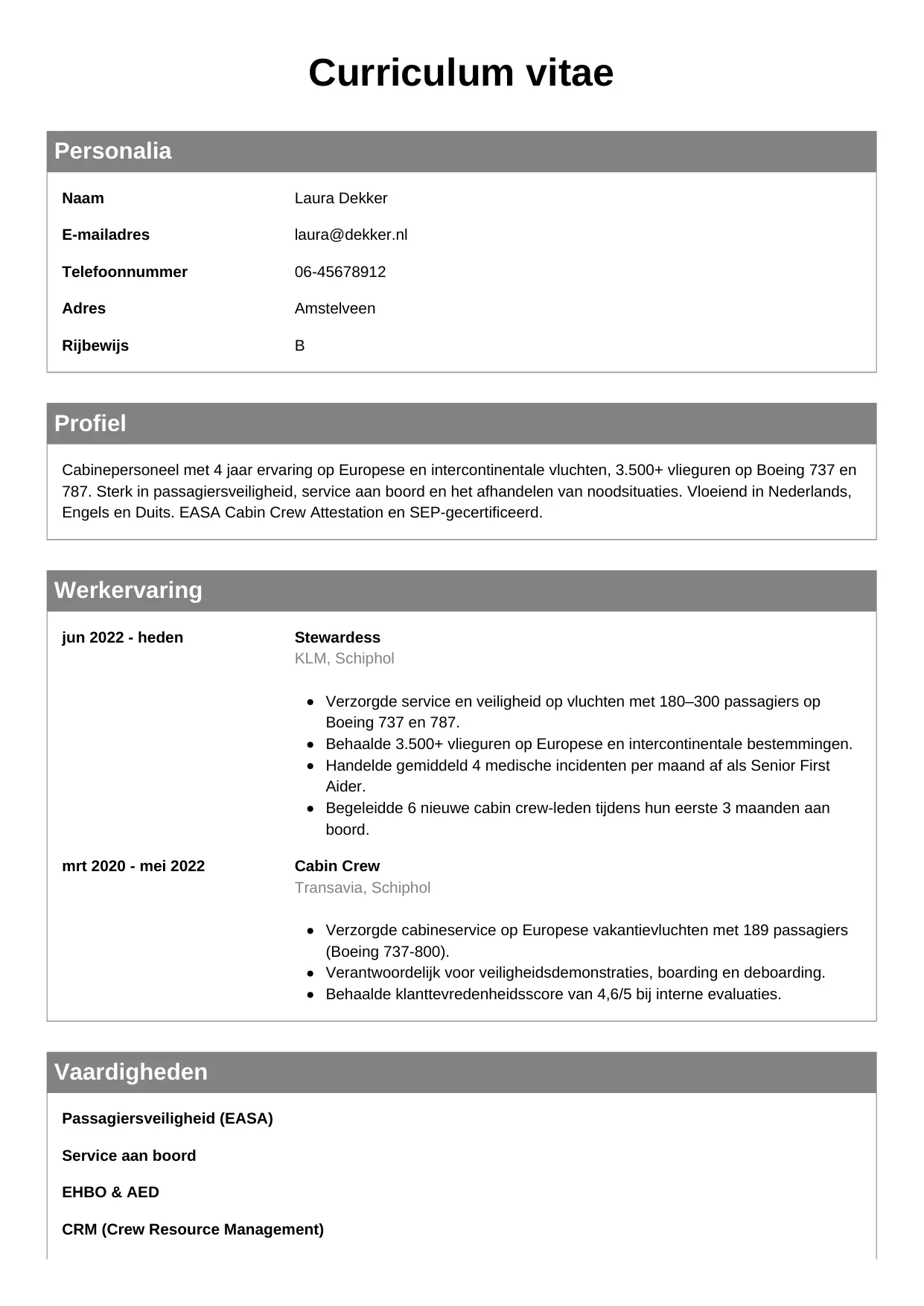 CV Klassiek voor steward / stewardess