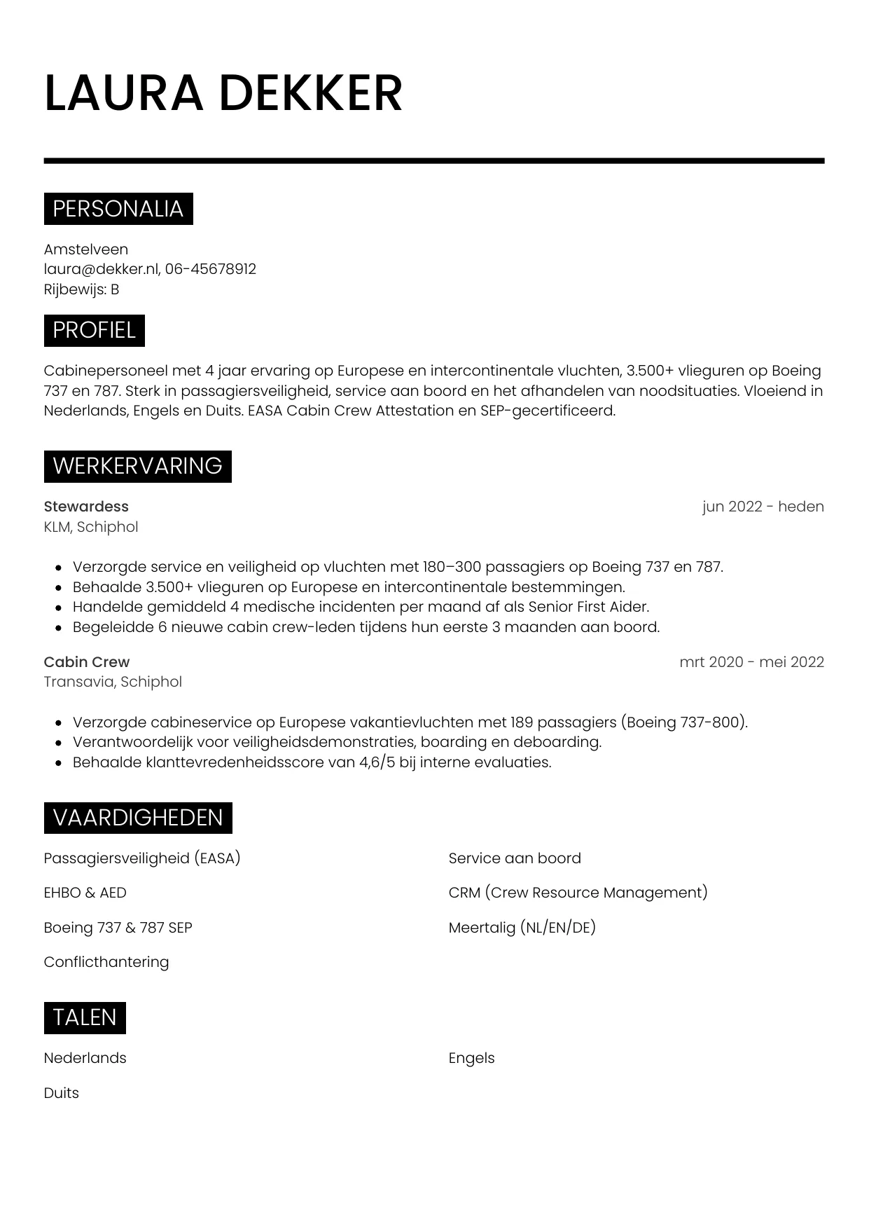 CV Metro voor steward / stewardess