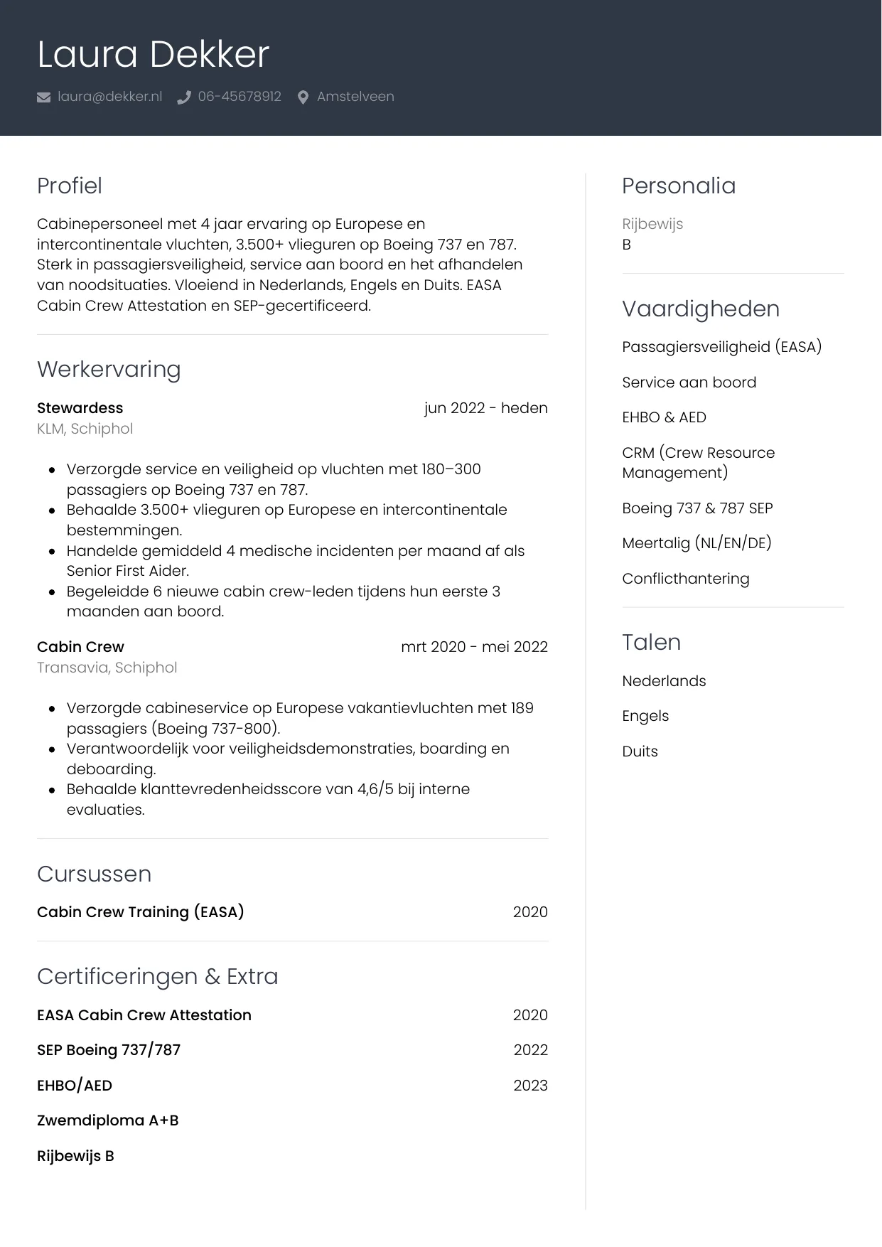 CV Professioneel voor steward / stewardess