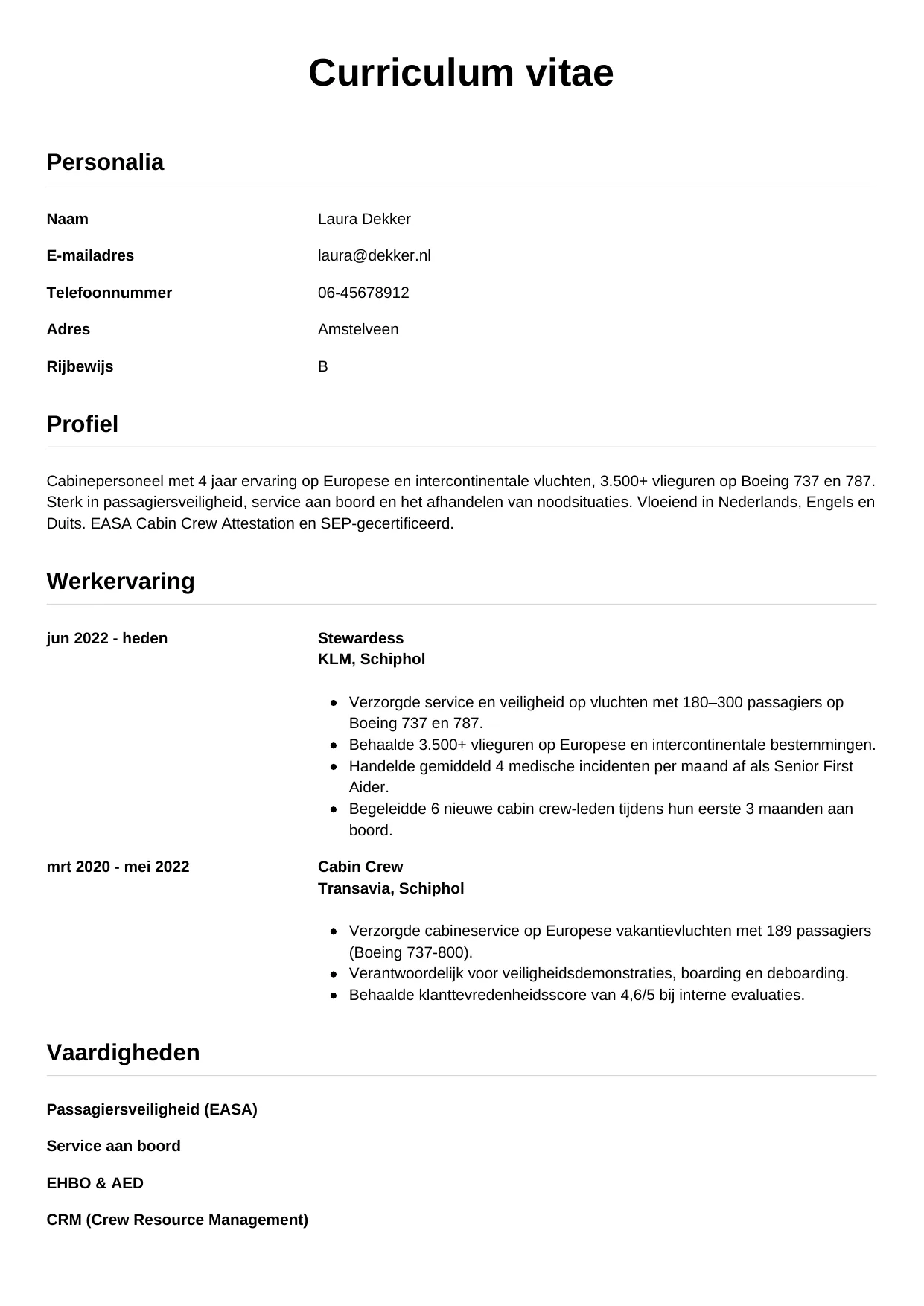 CV Simpel voor steward / stewardess