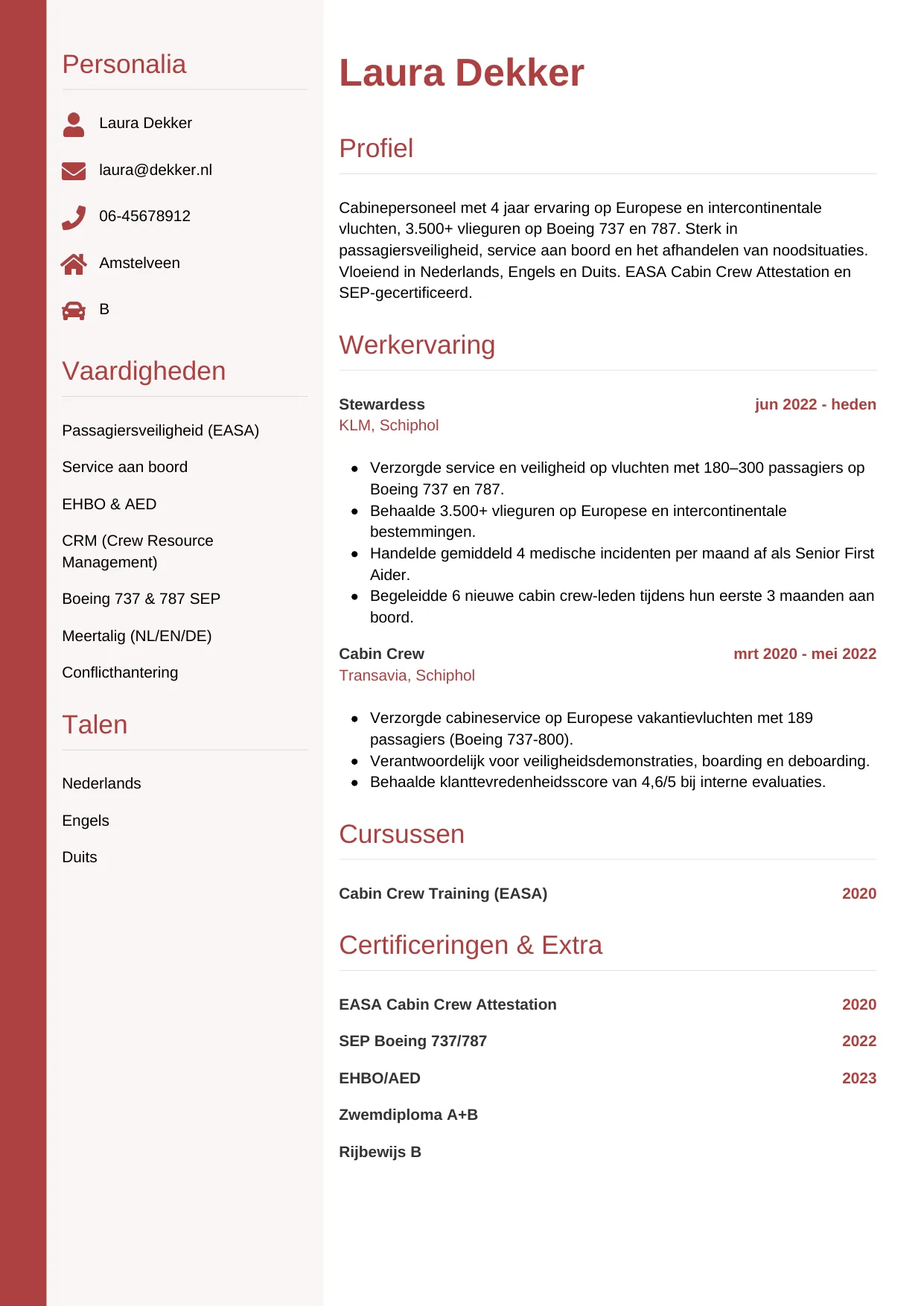 CV Verticaal voor steward / stewardess
