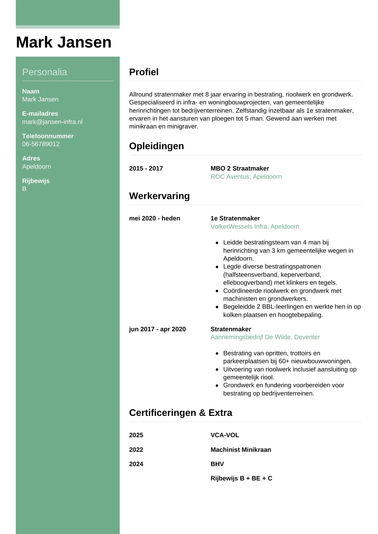 Voorbeeld CV voor stratenmaker in template Casual. CV Casual voor stratenmaker