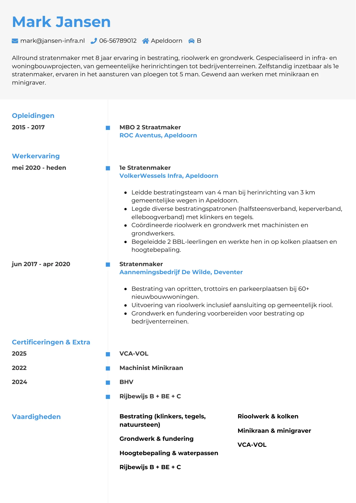 Voorbeeld CV voor stratenmaker in template Chrono. CV Chrono voor stratenmaker