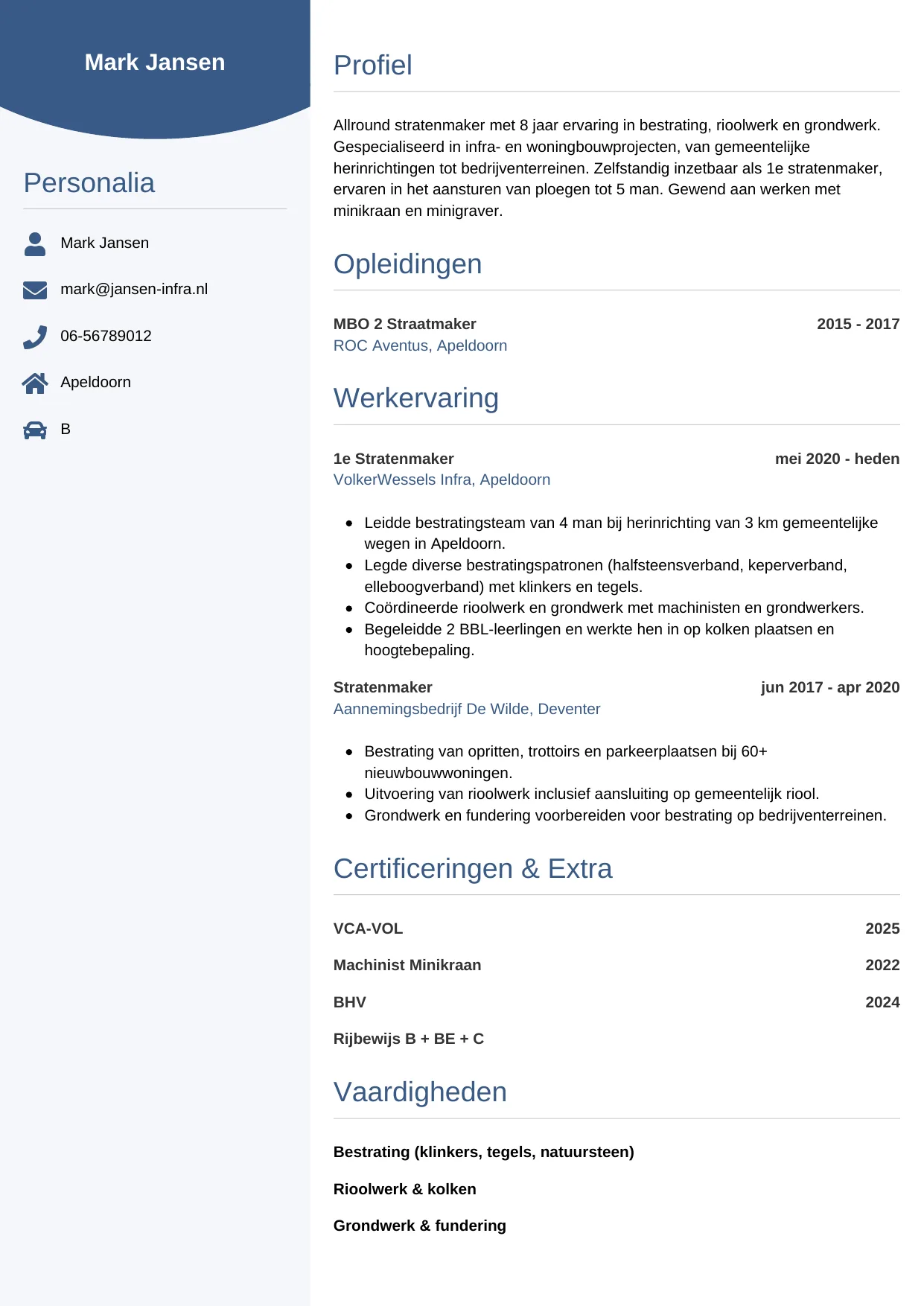 Voorbeeld CV voor stratenmaker in template Circulair. CV Circulair voor stratenmaker