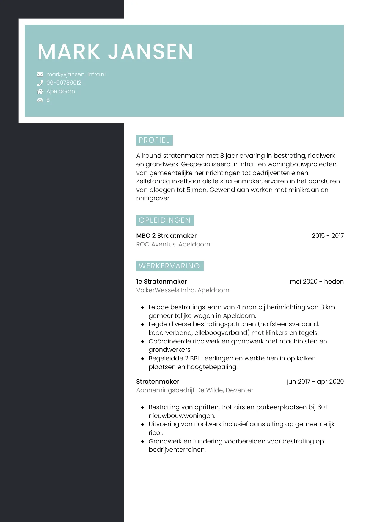 Voorbeeld CV voor stratenmaker in template Elegant. CV Elegant voor stratenmaker