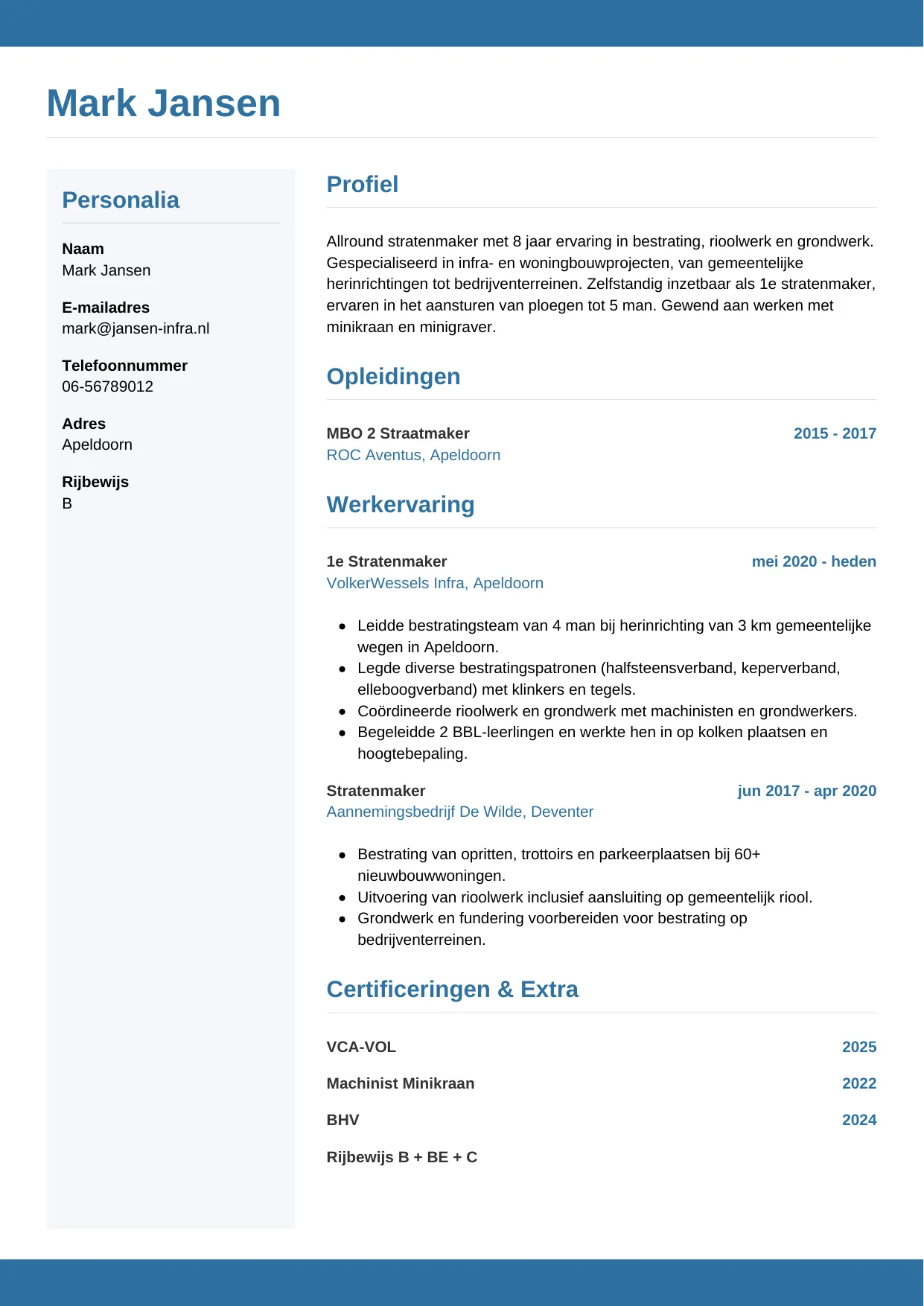 Voorbeeld CV voor stratenmaker in template Horizontaal. CV Horizontaal voor stratenmaker