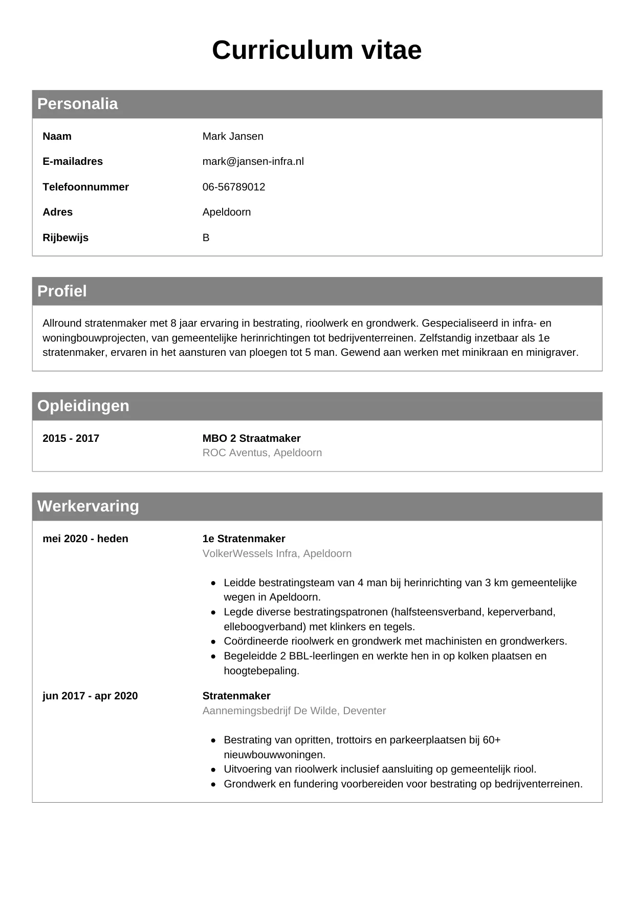 Voorbeeld CV voor stratenmaker in template Klassiek. CV Klassiek voor stratenmaker