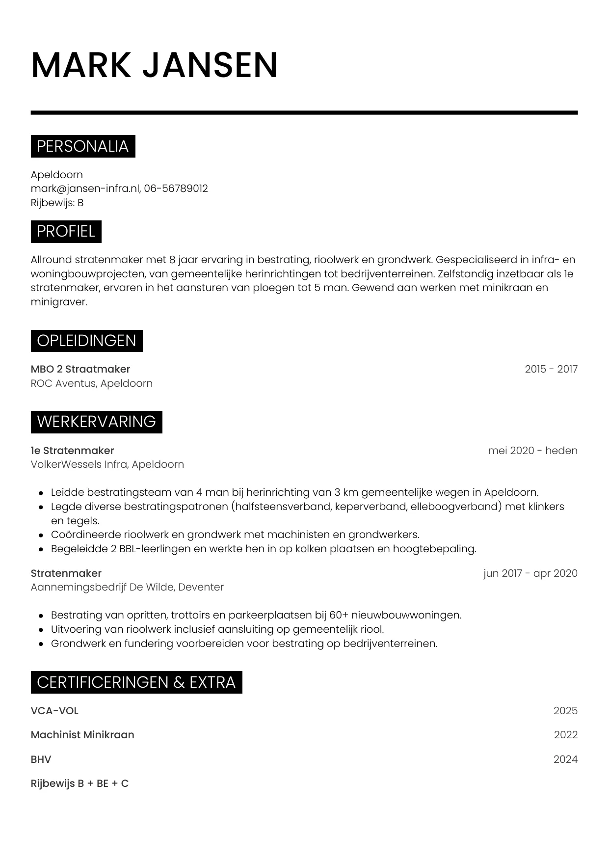 Voorbeeld CV voor stratenmaker in template Metro. CV Metro voor stratenmaker