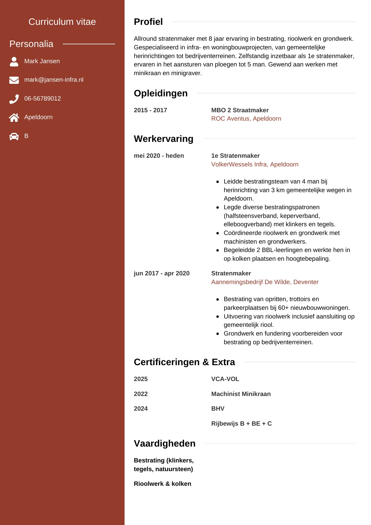 Voorbeeld CV voor stratenmaker in template Modern. CV Modern voor stratenmaker